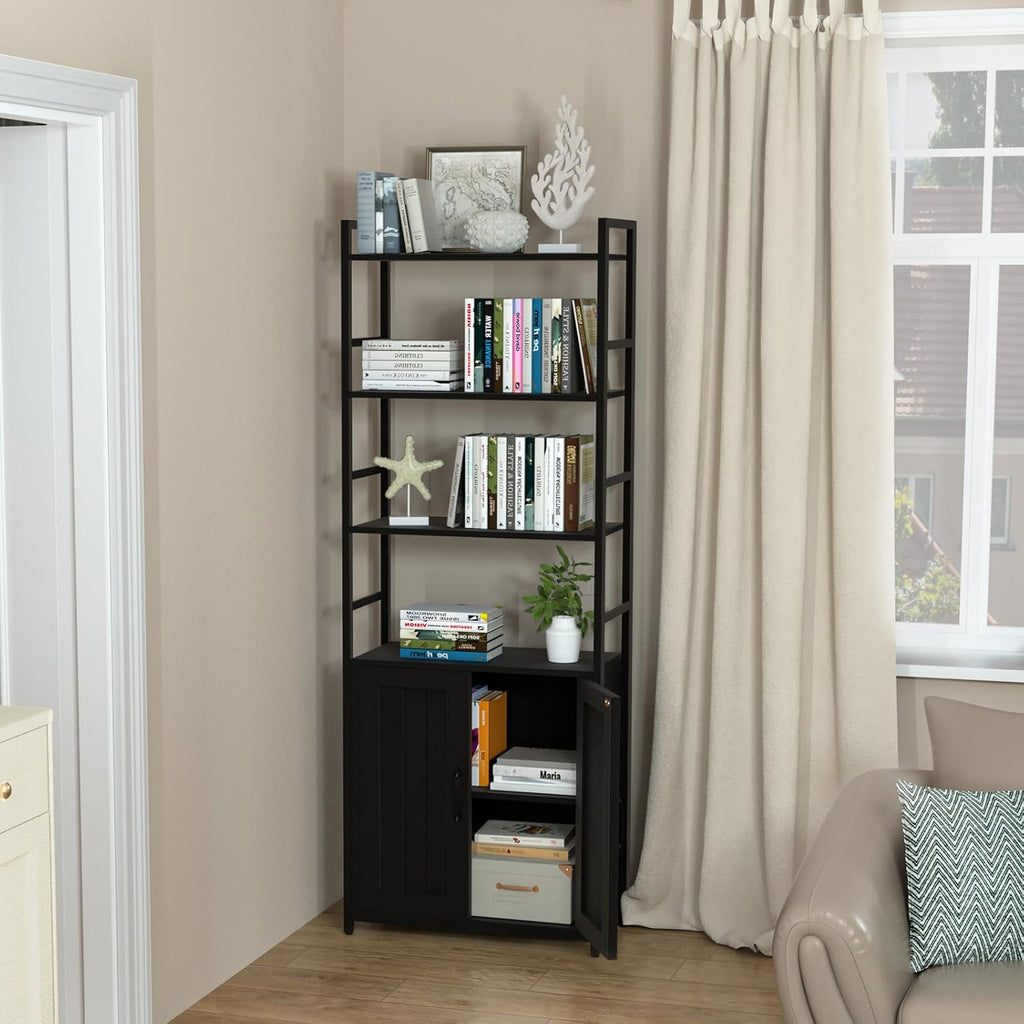 Lazyvan Black Bookshelf with Doors,70' Tall Bookcase with Storage Cabinet,6 Tier Book Shelf for Living Room/Bedroom/Office/Kitchen,70'(H)*26'(L)*11.8'(W)