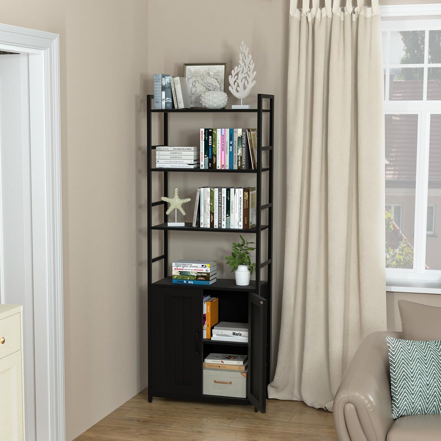 Lazyvan Black Bookshelf with Doors,70' Tall Bookcase with Storage Cabinet,6 Tier Book Shelf for Living Room/Bedroom/Office/Kitchen,70'(H)*26'(L)*11.8'(W)