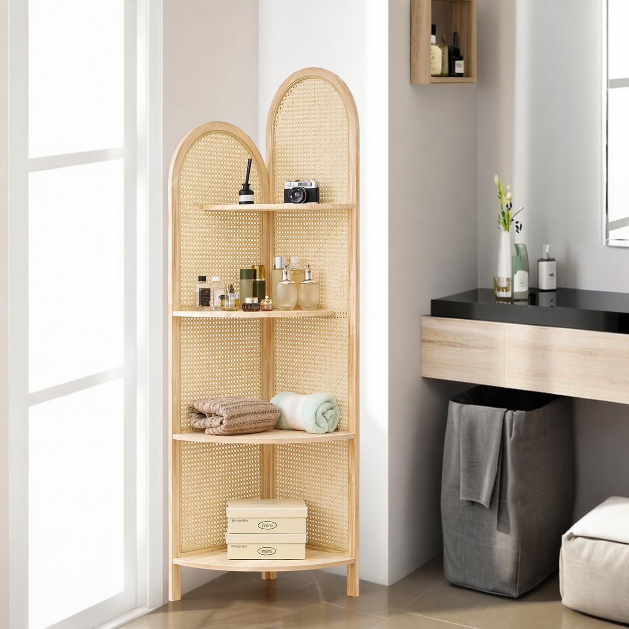 70' Tall Corner Bookshelf, 4-Tier Rattan Corner Shelf Stand for Small Spaces - Solid Wood Frame Display Organizer Rack, 90° Flush Wall Fit, Natural