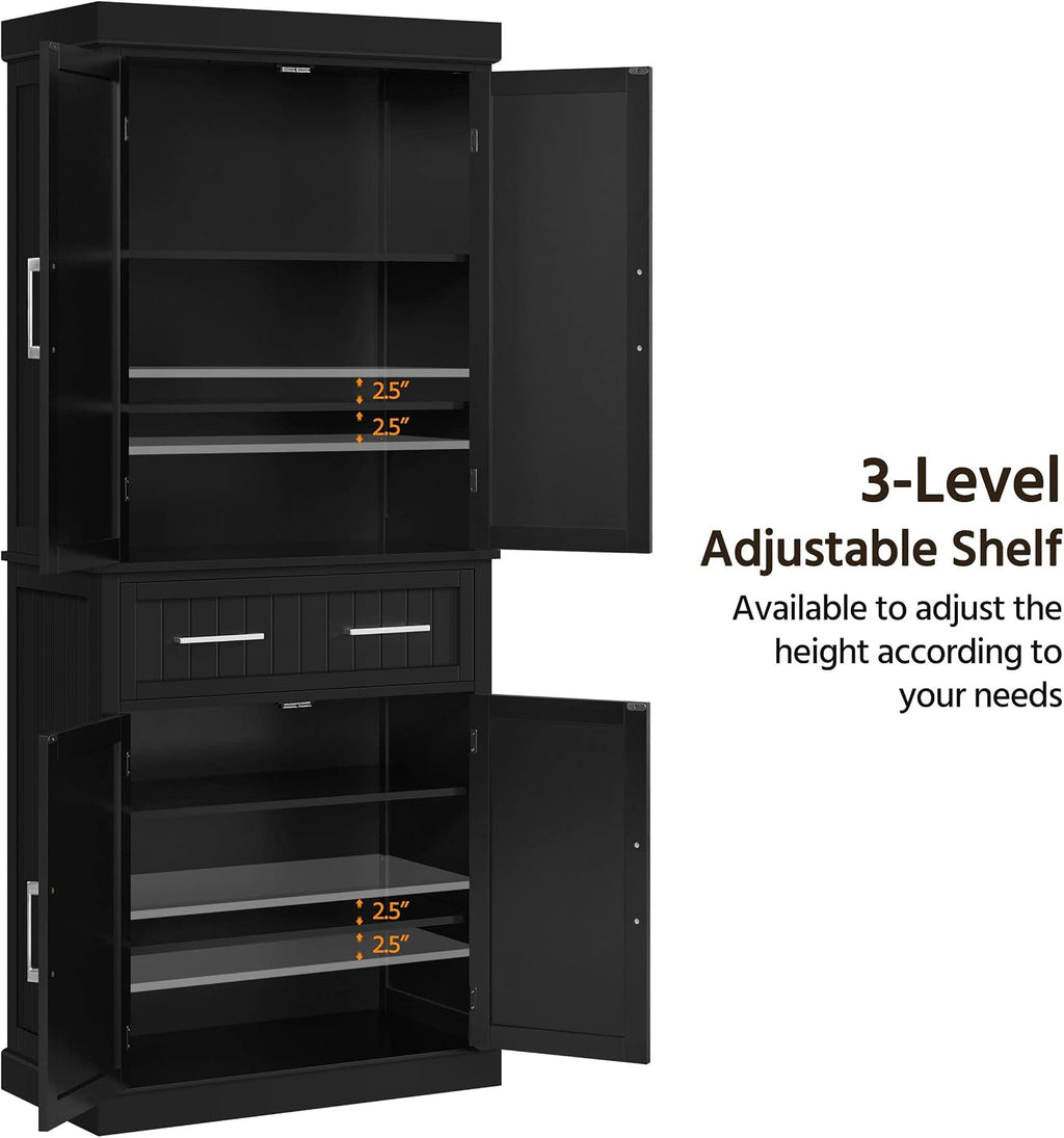 Yaheetech Kitchen Pantry Storage Cabinet with Drawer, Freestanding Pantry Cabinets with 2 Adjustable Shelves, 72.5' Tall Storage Cupboard for Kitchen/Dining Room/Bathroom/Hallway, Black