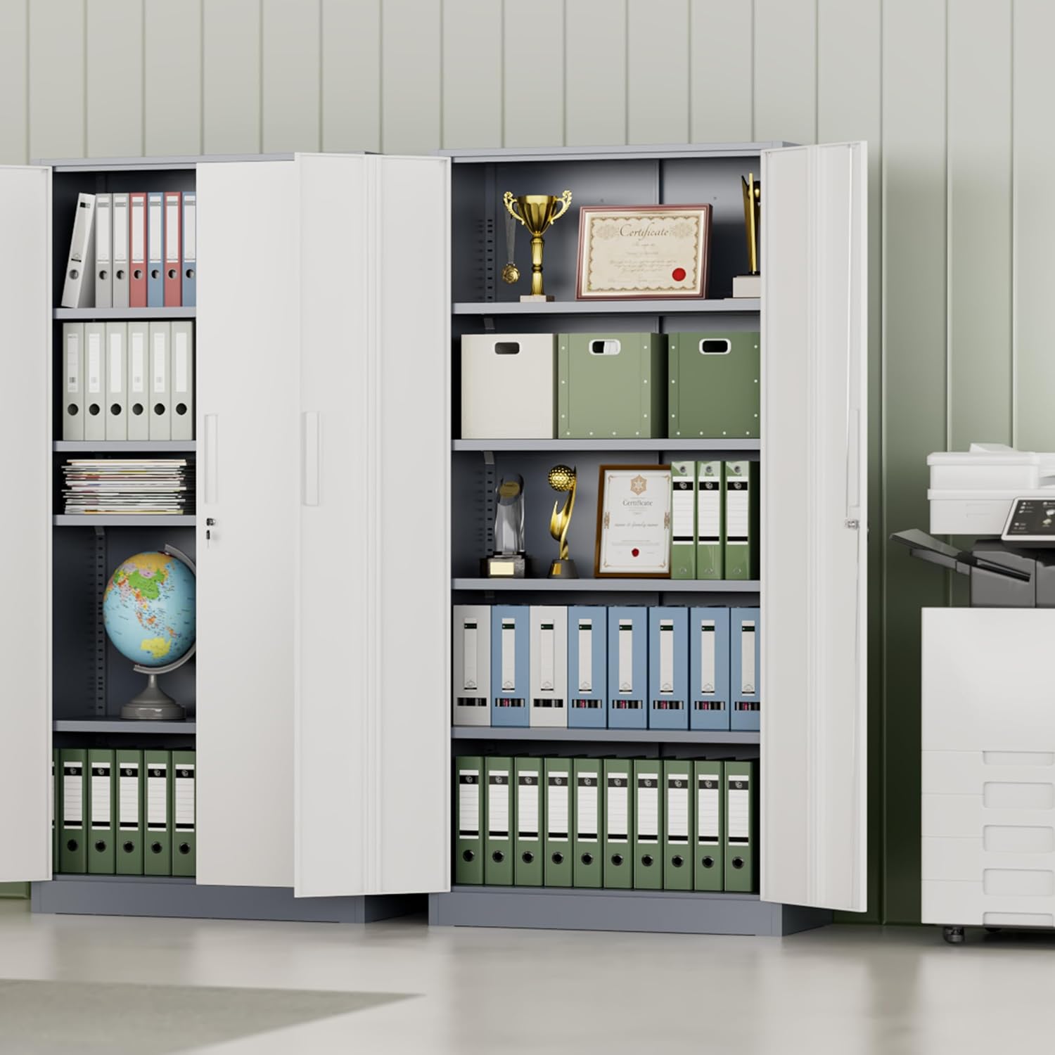INTERGREAT Metal Storage Cabinet with Lock, 63' H Metal Cabinets Storage with 2 Doors and 4 Adjustable Shelves, Locking Garage Cabinet for Home Office, Kitchen, Bathroom (White Grey)