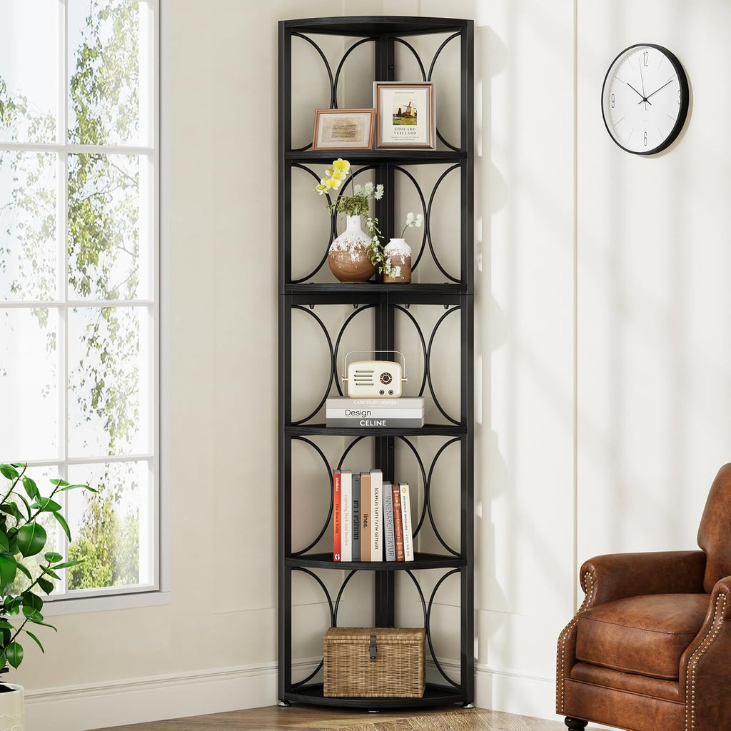 Tribesigns 67 inch Tall Corner Shelf, 6 Tier Rustic Corner Bookshelf Bookcase Storage Rack Standing Shelving Unit for Living Room, Small Space, Black
