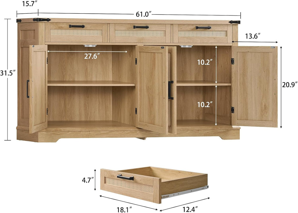 usikey 61' Large Buffet Cabinet with Storage, Sideboard Cabinet with 4 Doors and 3 Drawers, Farmhouse Buffet Table, Dining Room Storage Cabinet for Kitchen or Living Room, Natural