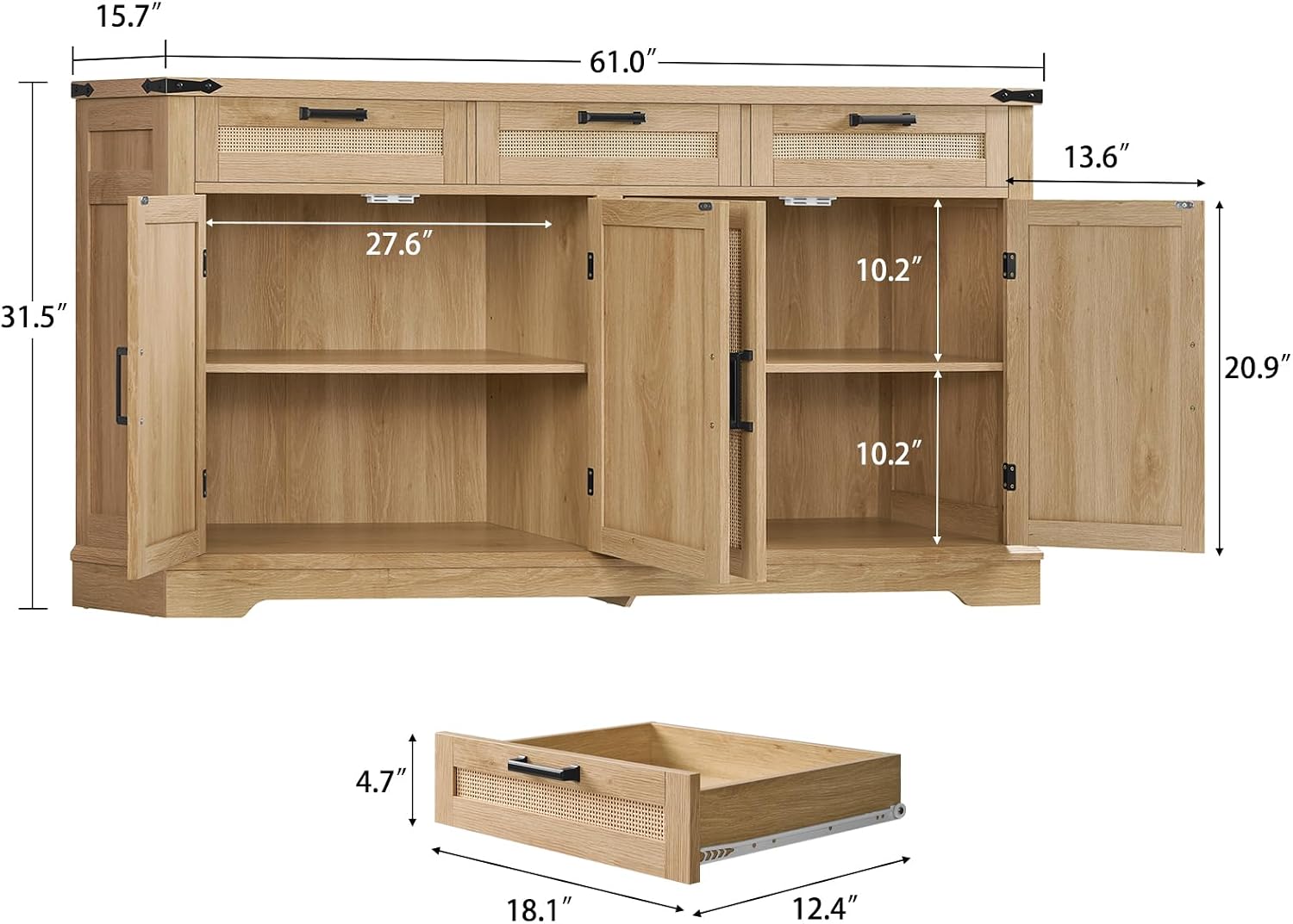usikey 61' Large Buffet Cabinet with Storage, Sideboard Cabinet with 4 Doors and 3 Drawers, Farmhouse Buffet Table, Dining Room Storage Cabinet for Kitchen or Living Room, Natural