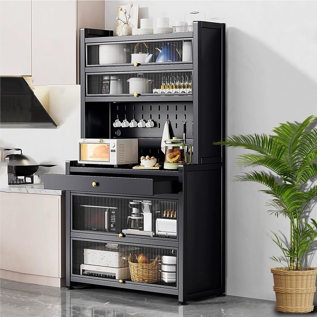 Kitchen Bakers Rack with Drawer, Kitchen Cabinets with Worktop, Wide Tabletop, Large Capacity(Black,60cm)
