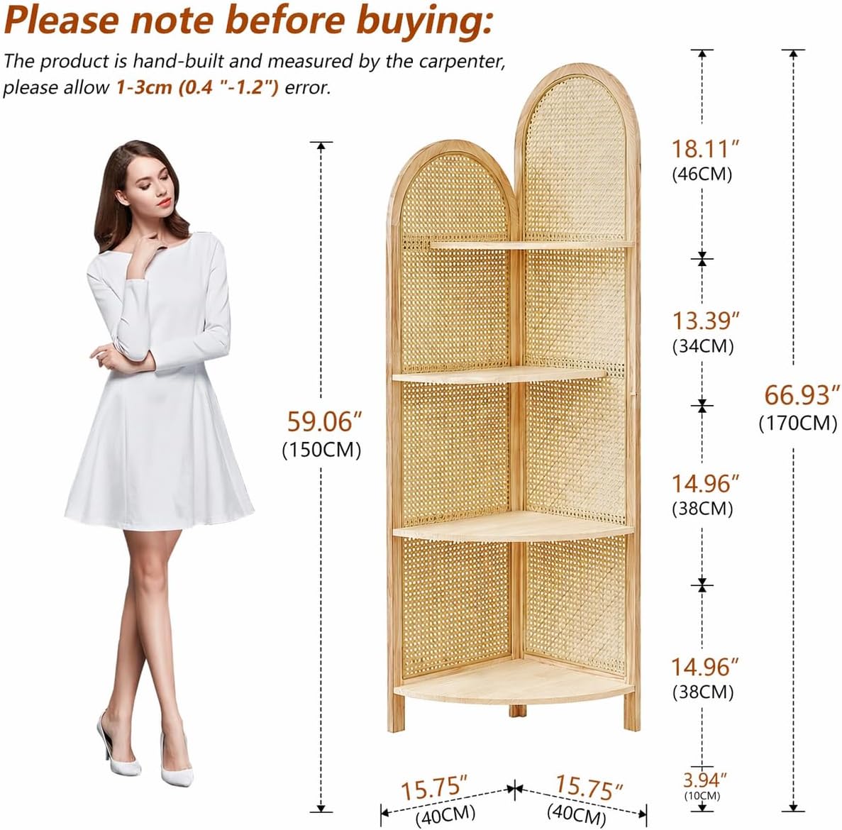 70' Tall Corner Bookshelf, 4-Tier Rattan Corner Shelf Stand for Small Spaces - Solid Wood Frame Display Organizer Rack, 90° Flush Wall Fit, Natural