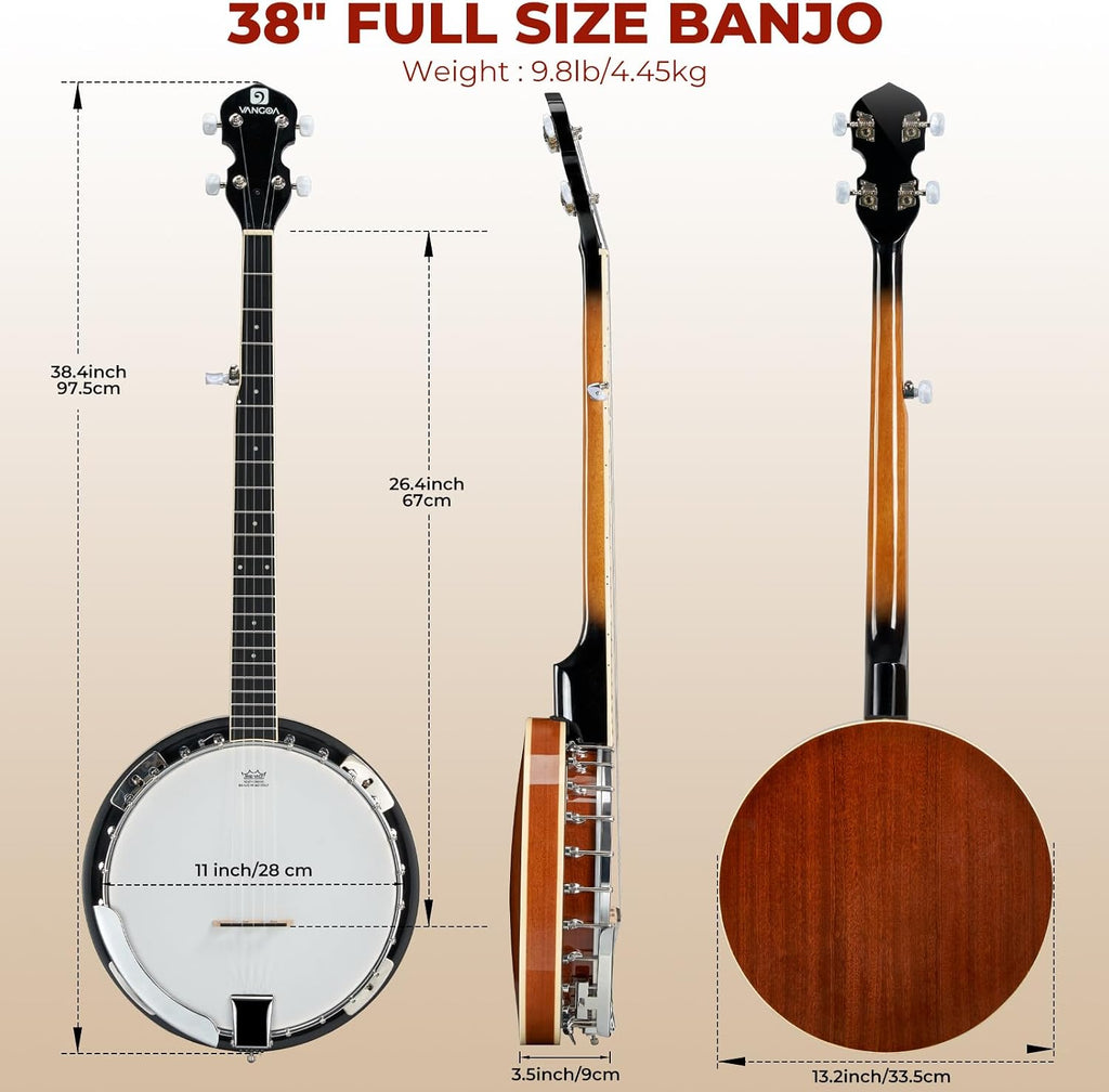Vangoa NYLON Banjo 5 String Kit, 38 Inch Full Size Banjo with Nylon Strings with Gig Bag, Premium Accessories Outfit, Starter Kit for Beginners Adults Teens, Brown