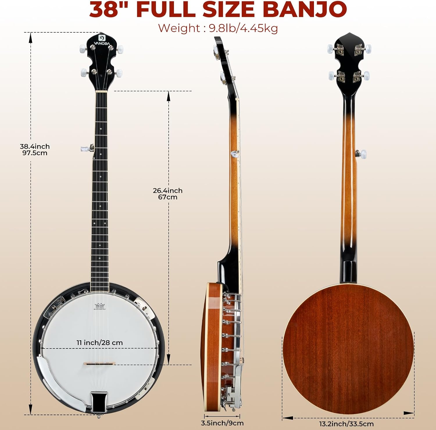Vangoa NYLON Banjo 5 String Kit, 38 Inch Full Size Banjo with Nylon Strings with Gig Bag, Premium Accessories Outfit, Starter Kit for Beginners Adults Teens, Brown