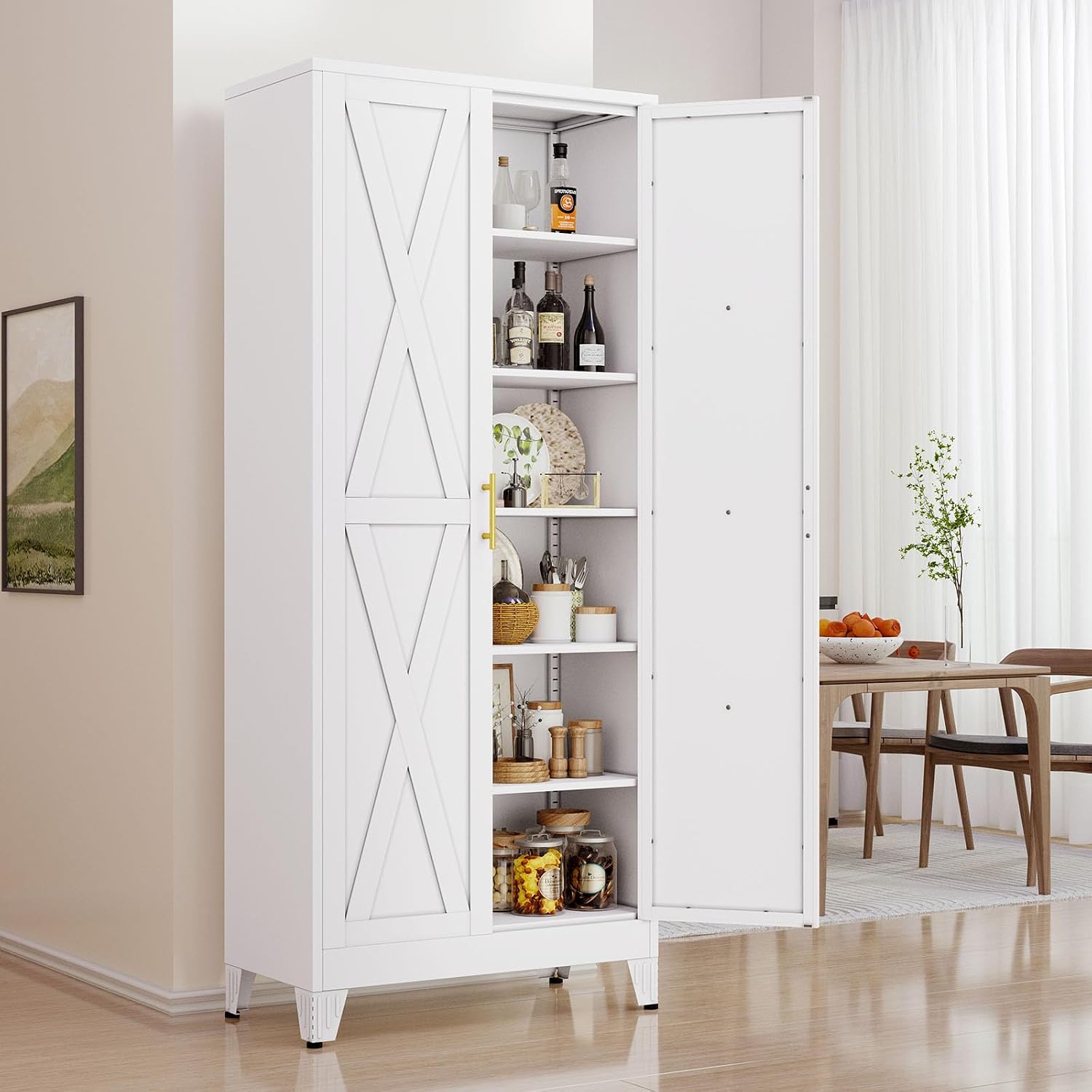 75' Tall Metal Kitchen Pantry Storage Cabinet with 2 Doors and 5 Adjustable Shelves, White Food Freestanding Cupboard for Kitchen, Dining Room, Bathroom and Garage (White)