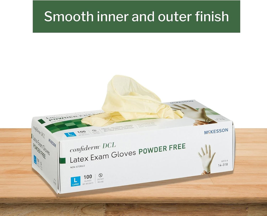 McKesson Confiderm DCL Latex Exam Gloves - Powder-Free, Ambidextrous, Non-Sterile - Ivory, Size Large, 100 Count, 10 Boxes, 1000 Total