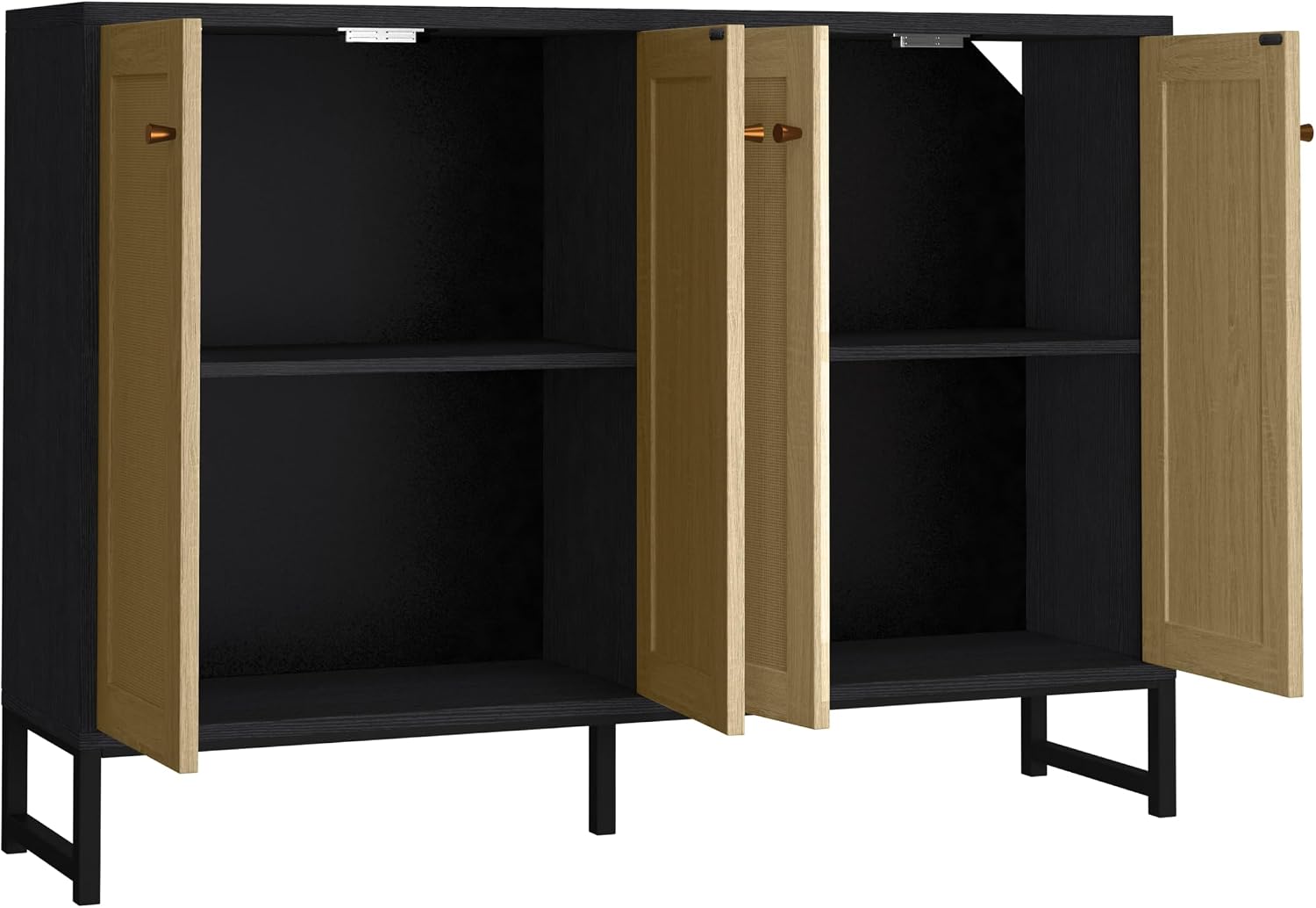 Panana Sideboard Accent Storage Cabinet with Rattan Decorated 4 Doors Dining Room Freestanding Kitchen Buffet Table Cupboard (Black)