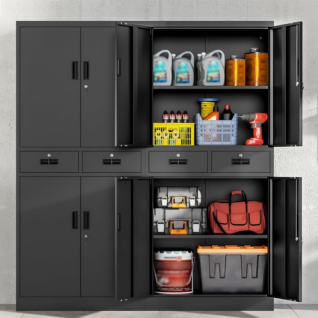 Wanfu Metal Storage Cabinet, 71' Locking Storage Cabinet with Adjustable Shelves and 2 Drawers, Steel Cabinets for Office, Garage, Home, School, Utility Room(Black)