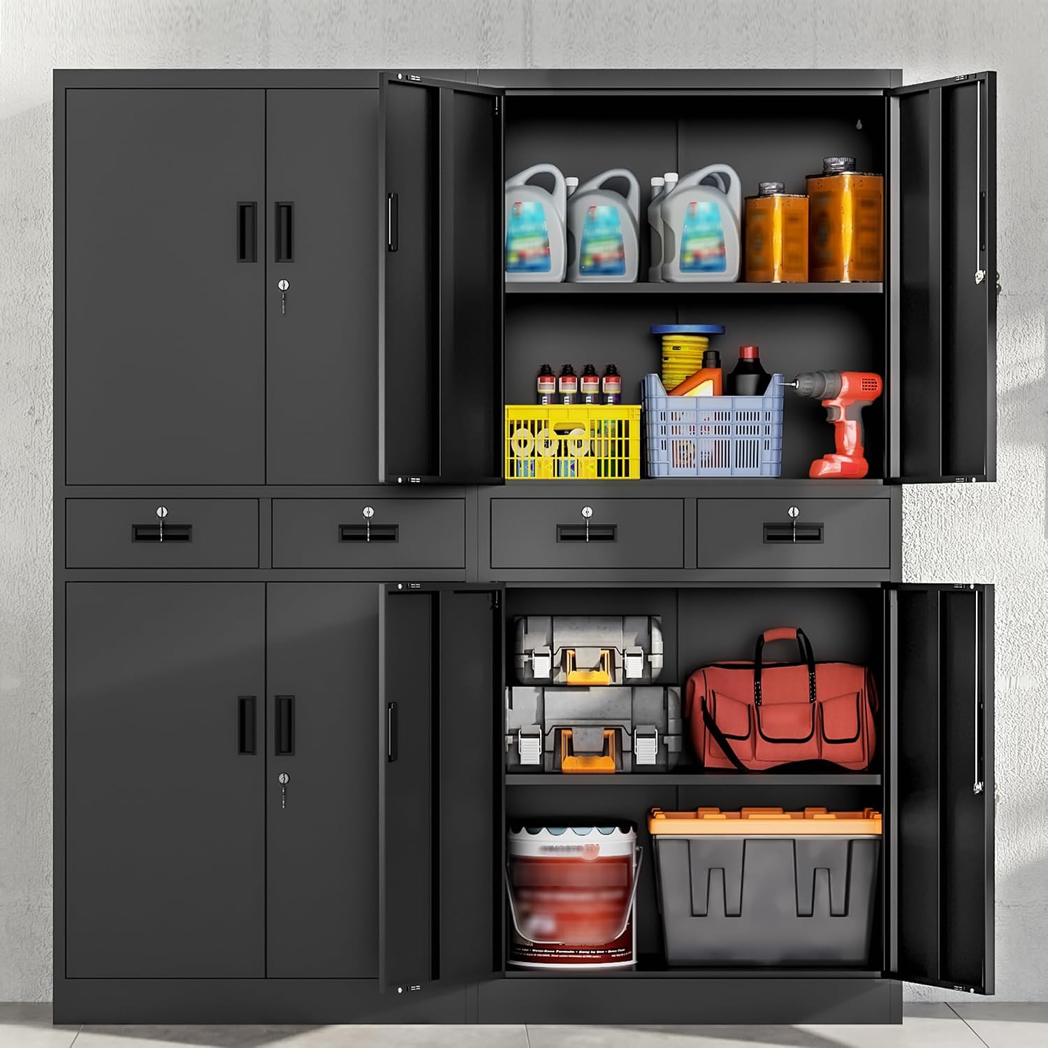 Wanfu Metal Storage Cabinet, 71' Locking Storage Cabinet with Adjustable Shelves and 2 Drawers, Steel Cabinets for Office, Garage, Home, School, Utility Room(Black)