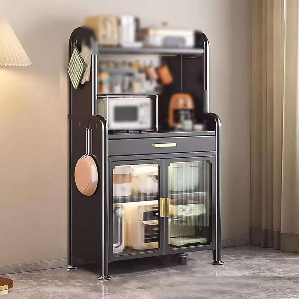 Kitchen Storage Rack for Cabinet Bakers Rack with Storage Cabinet Doors with Adjustable Foot Pads, for Kitchen, Dining Room, Living Room(Black,60 * 37.5 * 147.4cm)