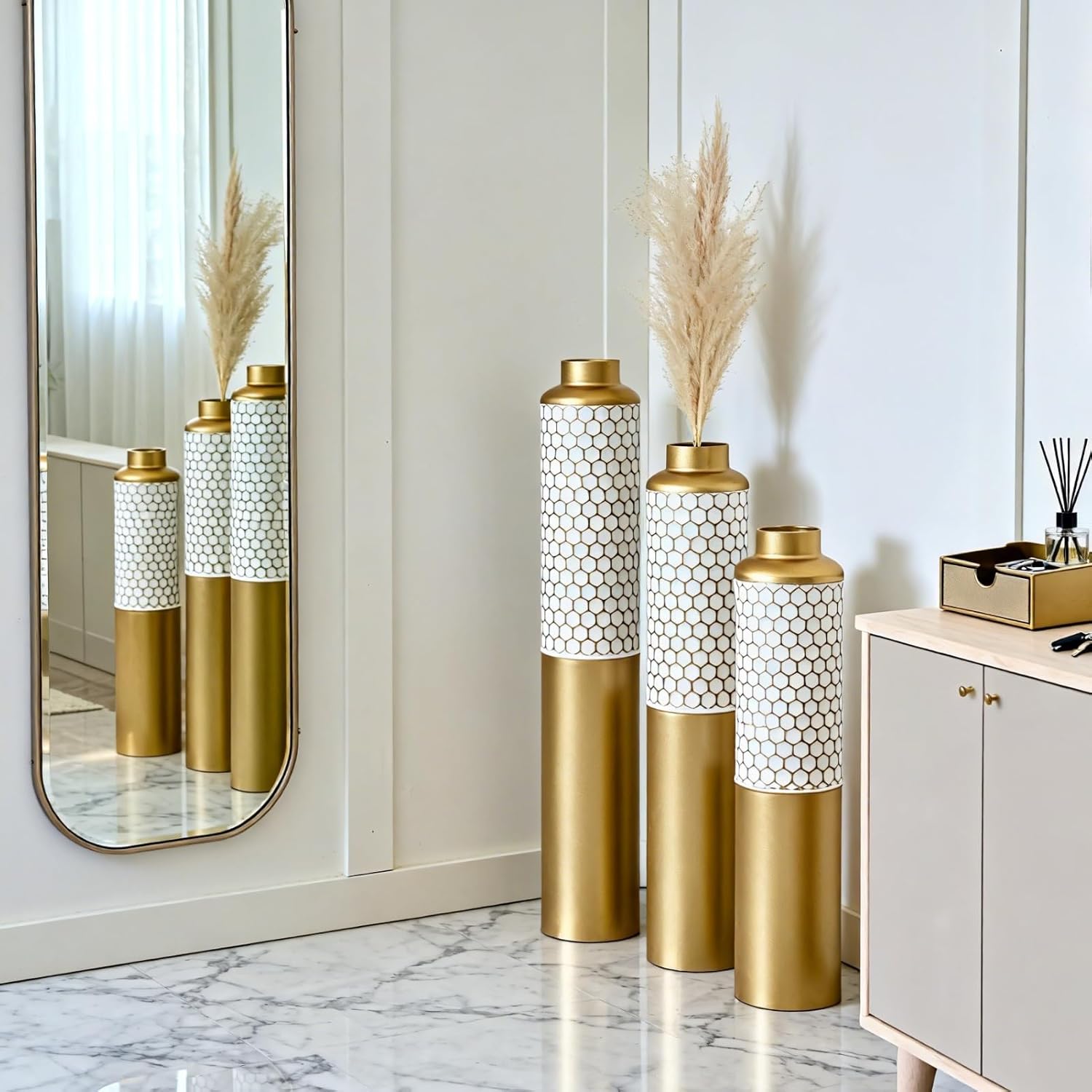 Modern Metal Standing Vase Set of 3, Gold & White Hexagon Pattern Floor Vases，Modern Glam Home Decor for Living Room, Entryway, Hallway (White&Gold - 32.6'/ 28.34'/ 24' Height)
