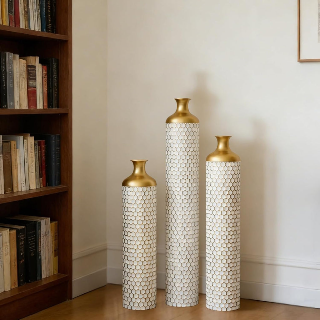Modern White Droplet Floor Vase Set of 3 - Large Glazed Metal Floor Vases for Home Decor, Living Room & Entryway Decorations (White - 33.4'/ 28.7'/ 24.4' Height)