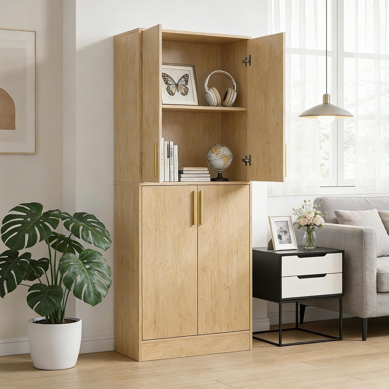 Housoul 71' Tall Pantry Cabinet with 4 Doors, Kitchen Pantry Storage Cabinet, Freestanding Larder Cupboard, Utility Kitchen Hutch with Gold Handles for Dining Room, Bathroom, Natural