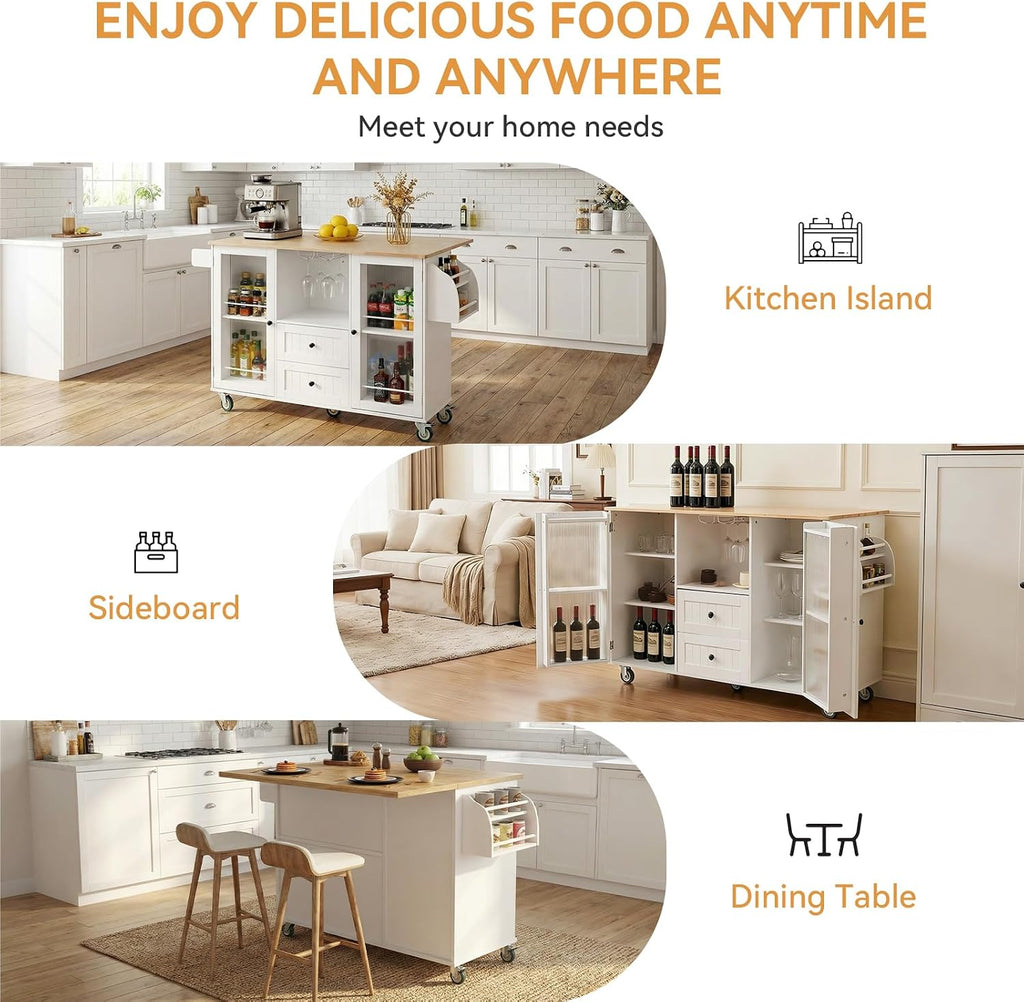 EVLIQUIL Kitchen Island Cart with Storage Cabinet & Drop Leaf, 50.4' Rolling Kitchen Table with Spice Rack & Towel Rack and Drawer, Portable Islands on Wheels, White