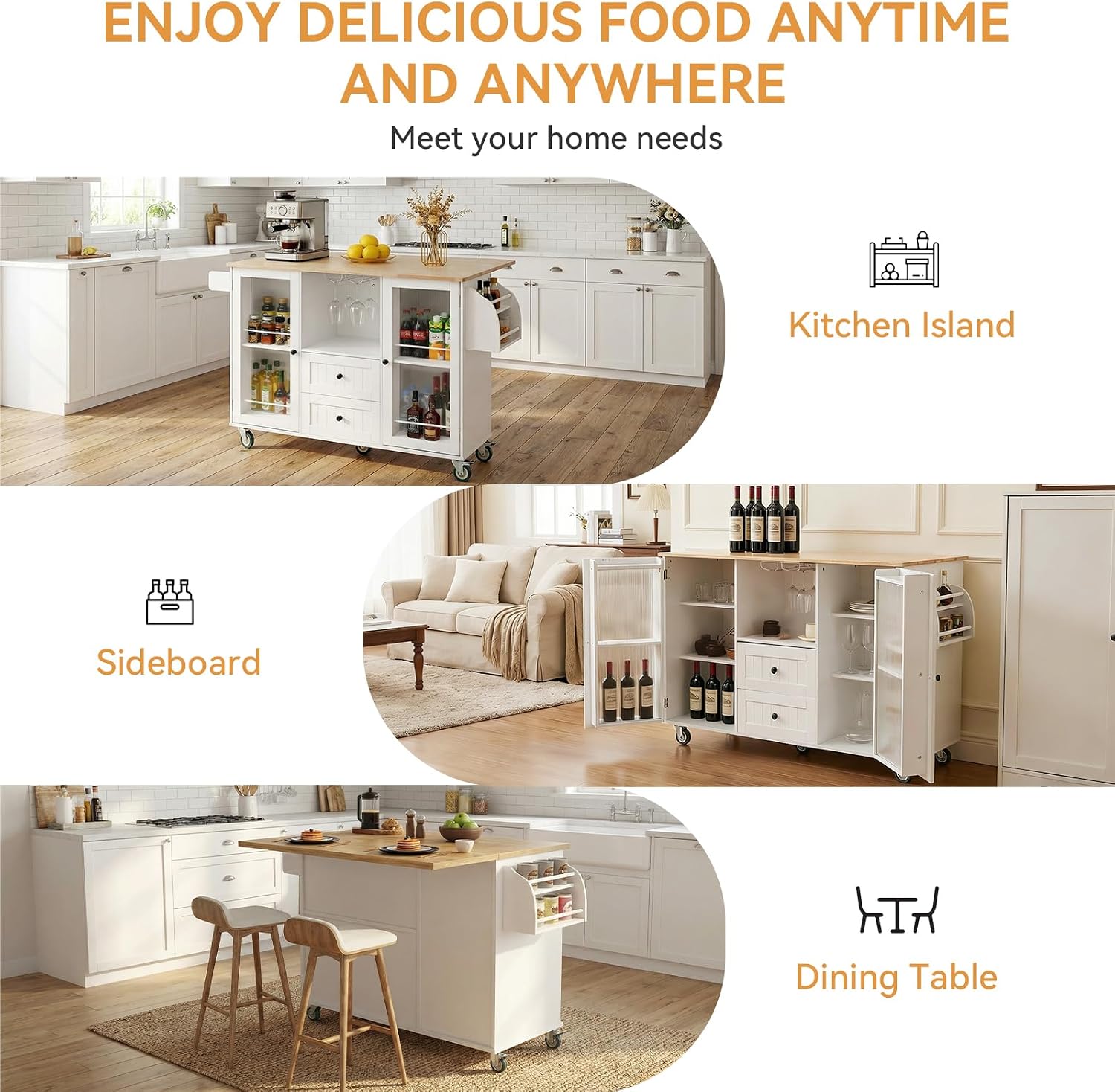 EVLIQUIL Kitchen Island Cart with Storage Cabinet & Drop Leaf, 50.4' Rolling Kitchen Table with Spice Rack & Towel Rack and Drawer, Portable Islands on Wheels, White
