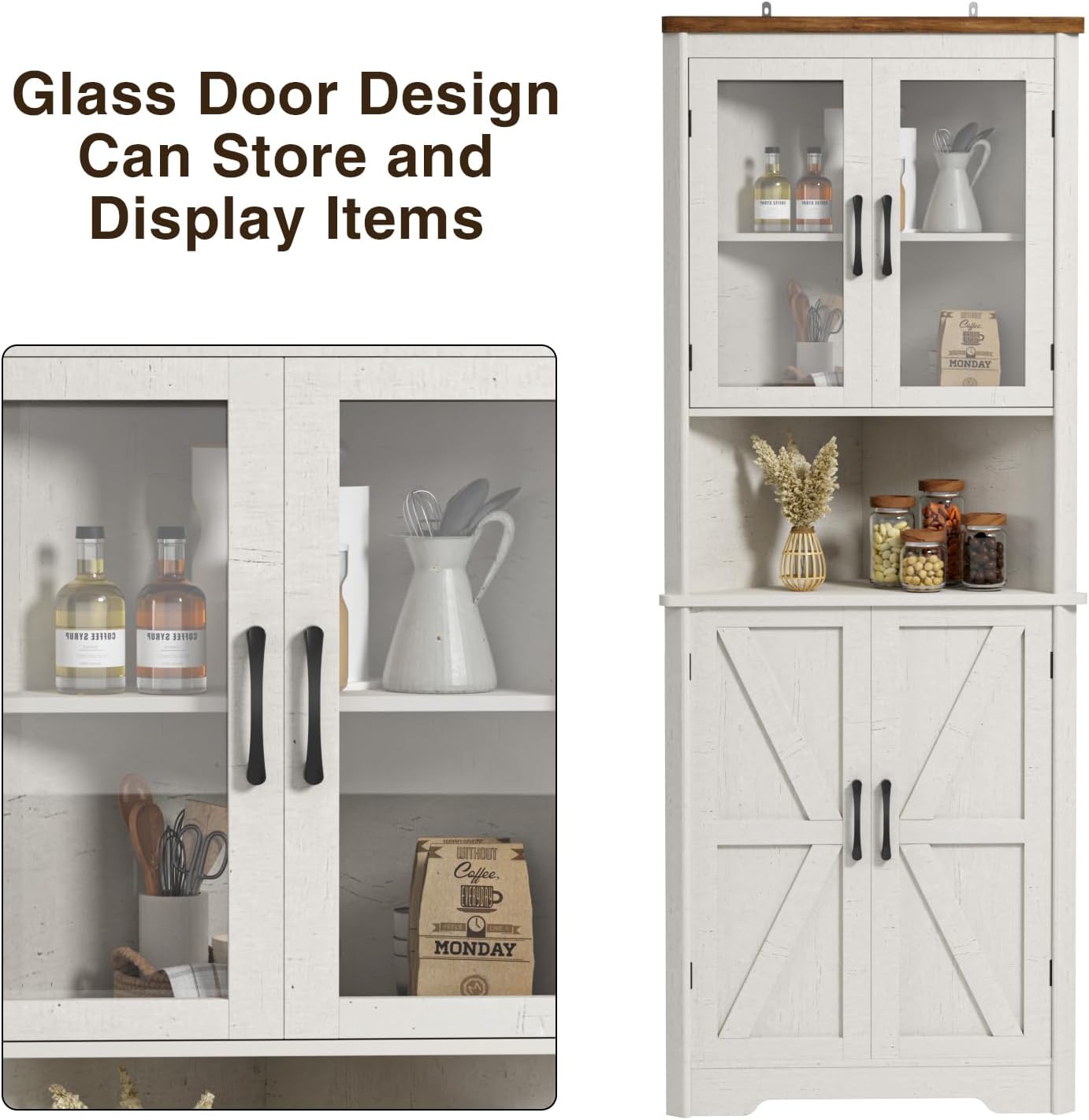 67''H Tall Corner Cabinet with 4 Tempered Glass Doors and Barn Doors, Farmhouse Storage Cabinet with 2 Adjustable Shelves, Home Pantry Hutch for Kitchen, Dining Living Room, Bathroom, Antique White