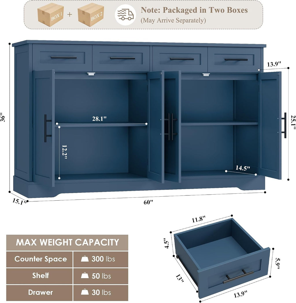 HOSTACK 60' Large Buffet Sideboard with Storage, 36' Tall Kitchen Buffet Storage Cabinet with 4 Drawers, Modern Coffee Bar Cabinet with Black Handles, Long Sideboard Buffet Table for Kichen, Blue