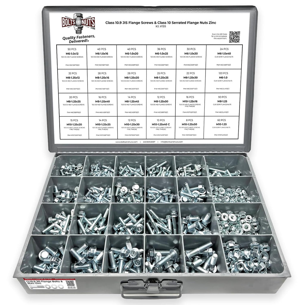 Metric Class 10.9 JIS Hex Cap Flange Frame Bolts & Serrated Flange Nuts Assortment Kit - Pieces!