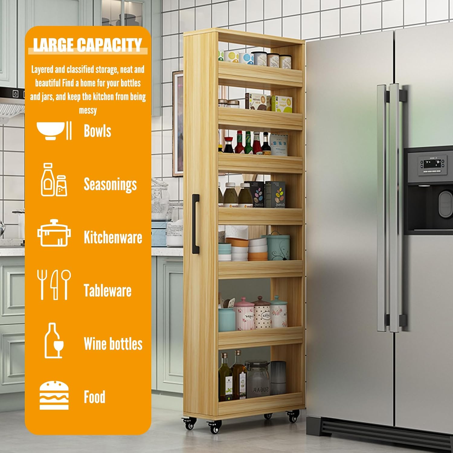 7 Tier Standing-Shelf with Wheels, 5.9/7.9/9.8'', Wooden Slim Storage Cart, Thickened Plate, Scratch-Resistant and Wear-Resistant, for Home, Kitchen, Bakers, Closet, Pantry, Dining Room