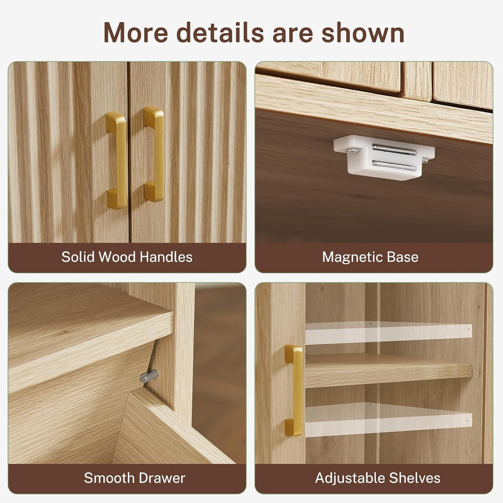 Iwell Tall Storage Cabinet, Fluted Cabinet with 2 Drawers & Adjustable Shelf, Bathroom Storage Cabinet, Kitchen Pantry Storage Cabinet, for Living Room, Dining Room, Home Office, Natural Oak