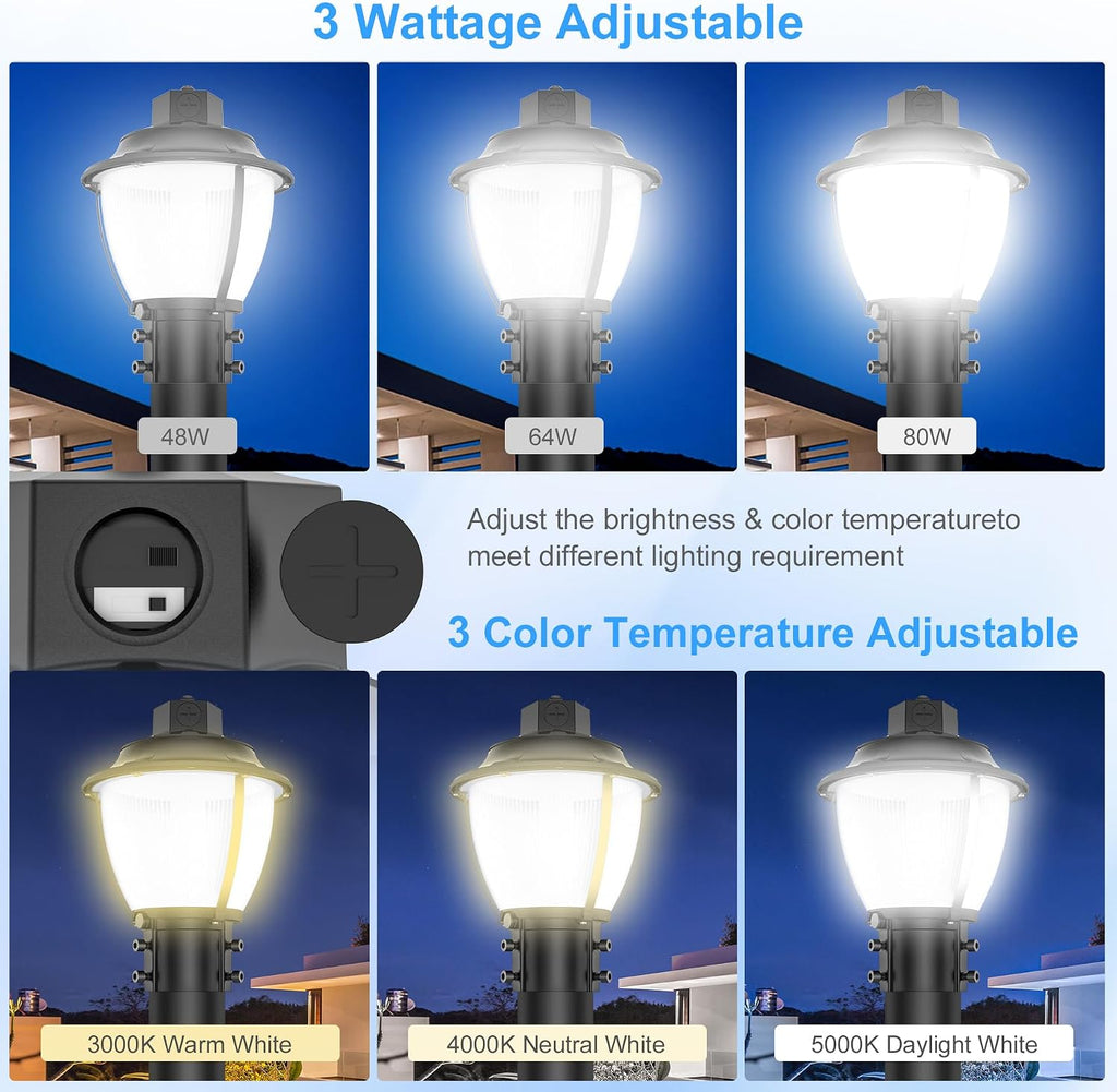 BBESTLED LED Post Top Light, 80W 60W 48W Adjustable LED Pole Area Lights with Dusk to Dawn Photocell, 3/4/5000K, ETL Outdoor Post Lights for Garden Yard, IP65 Waterproof AC100-277V