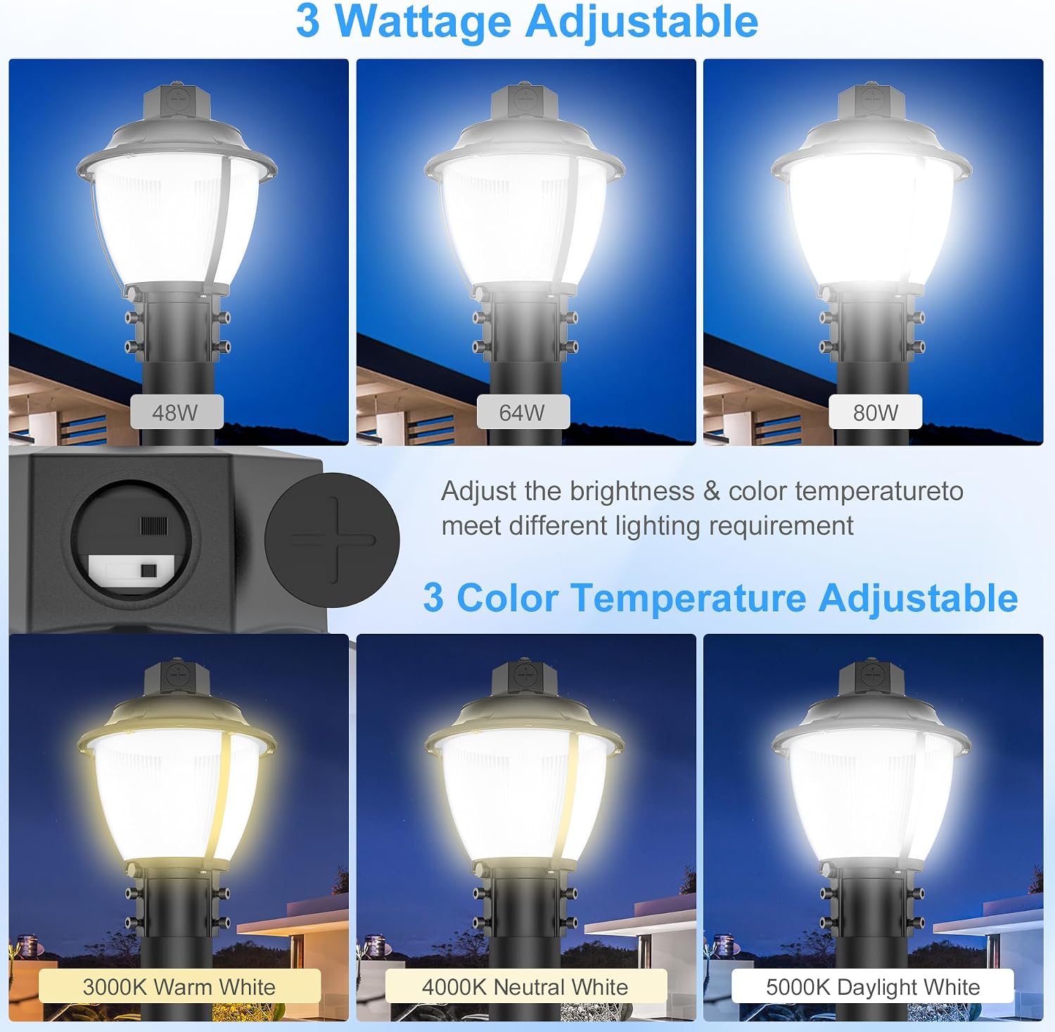 BBESTLED LED Post Top Light, 80W 60W 48W Adjustable LED Pole Area Lights with Dusk to Dawn Photocell, 3/4/5000K, ETL Outdoor Post Lights for Garden Yard, IP65 Waterproof AC100-277V