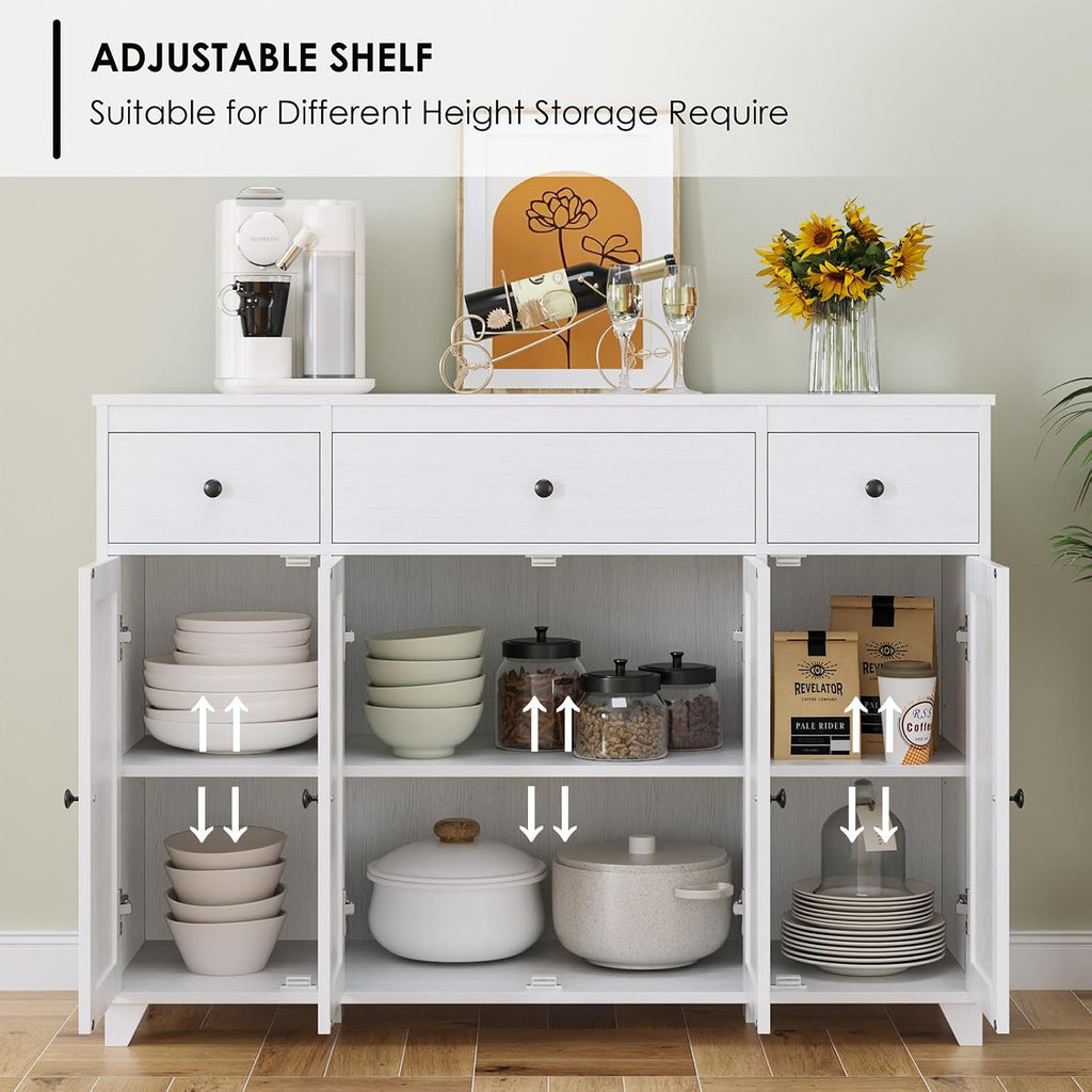 HIFIT Buffet Cabinet White Sideboard Storage Cabinet with 3 Drawers & 4 Doors Adjustable Shelves, 47' Modern Coffee Bar Cabinet, Wood Accent Cabinet for Kitchen Cupboard Dining Living Room