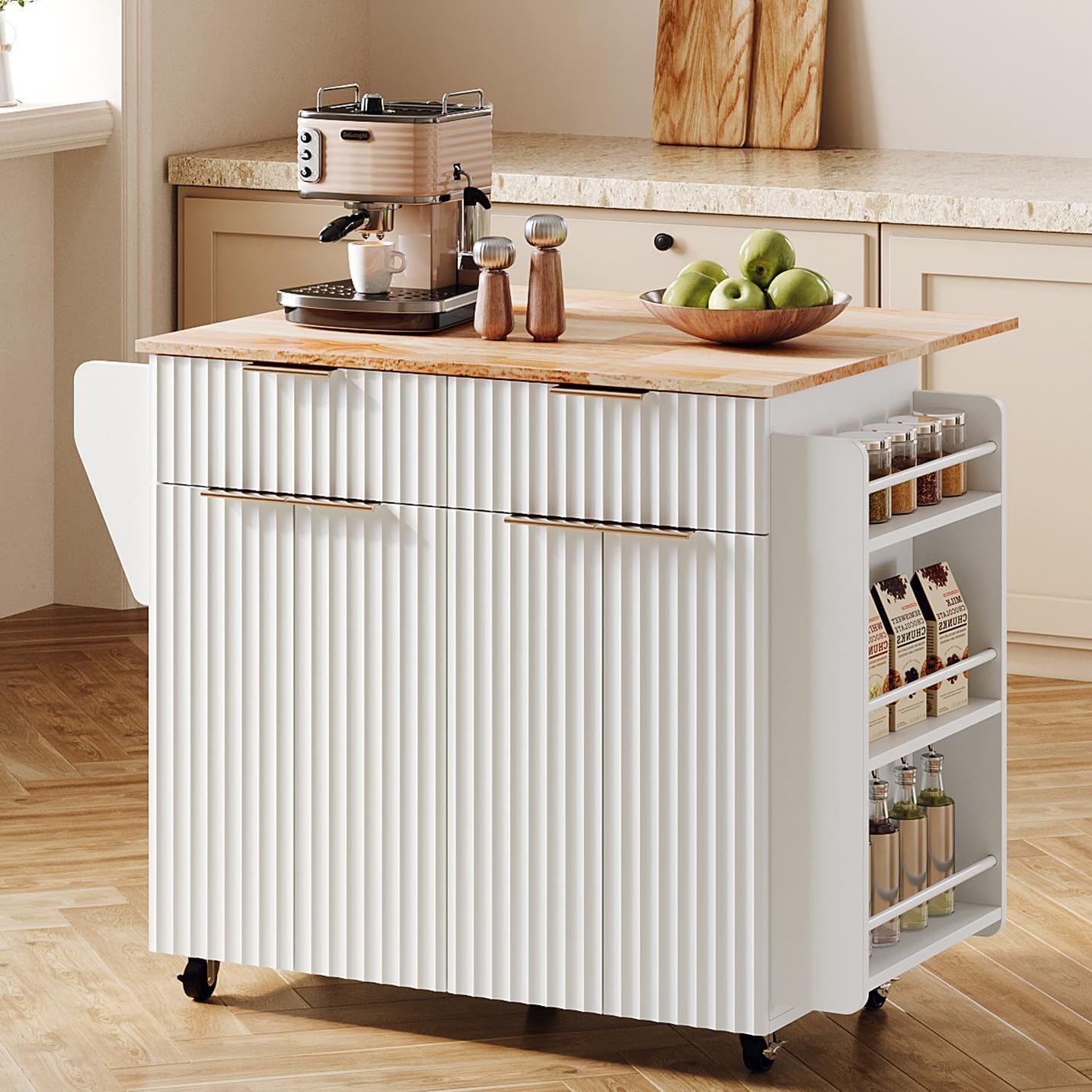 VINGLI Fluted Kitchen Island with Storage, Rolling Kitchen Cart on Wheels with 2 Drawers & 4 Doors, Adjustable Shelves, Portable Kitchen Island with Rubber Wood Top, White