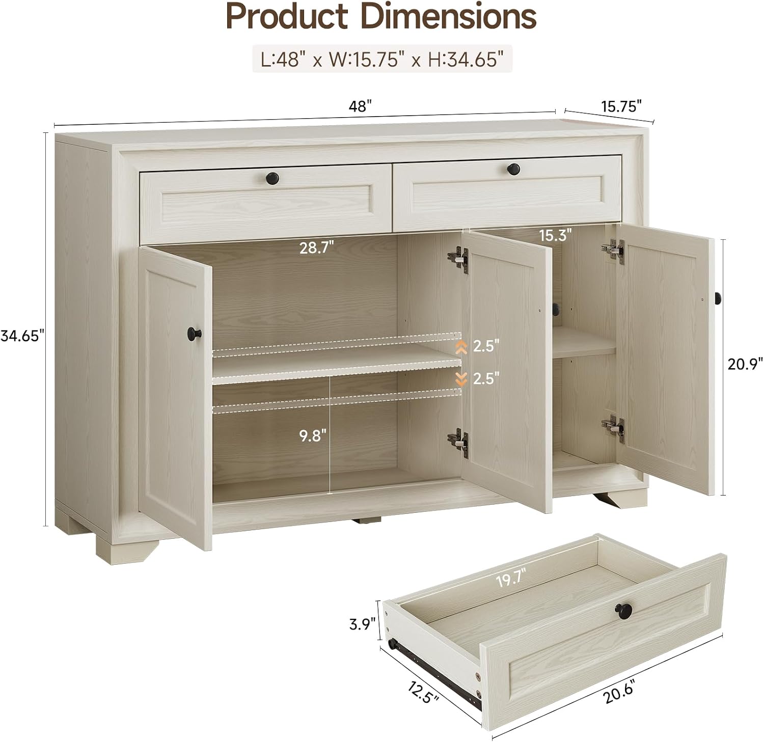 ONBRILL 48 Inches Sideboard Buffet Cabinet with Storage, Farmhouse Sideboard with 2 Drawers and 3 Doors, Wood Coffee Bar Cabinet with Adjustable Shelves for Living Room, Kitchen, Hallway, White