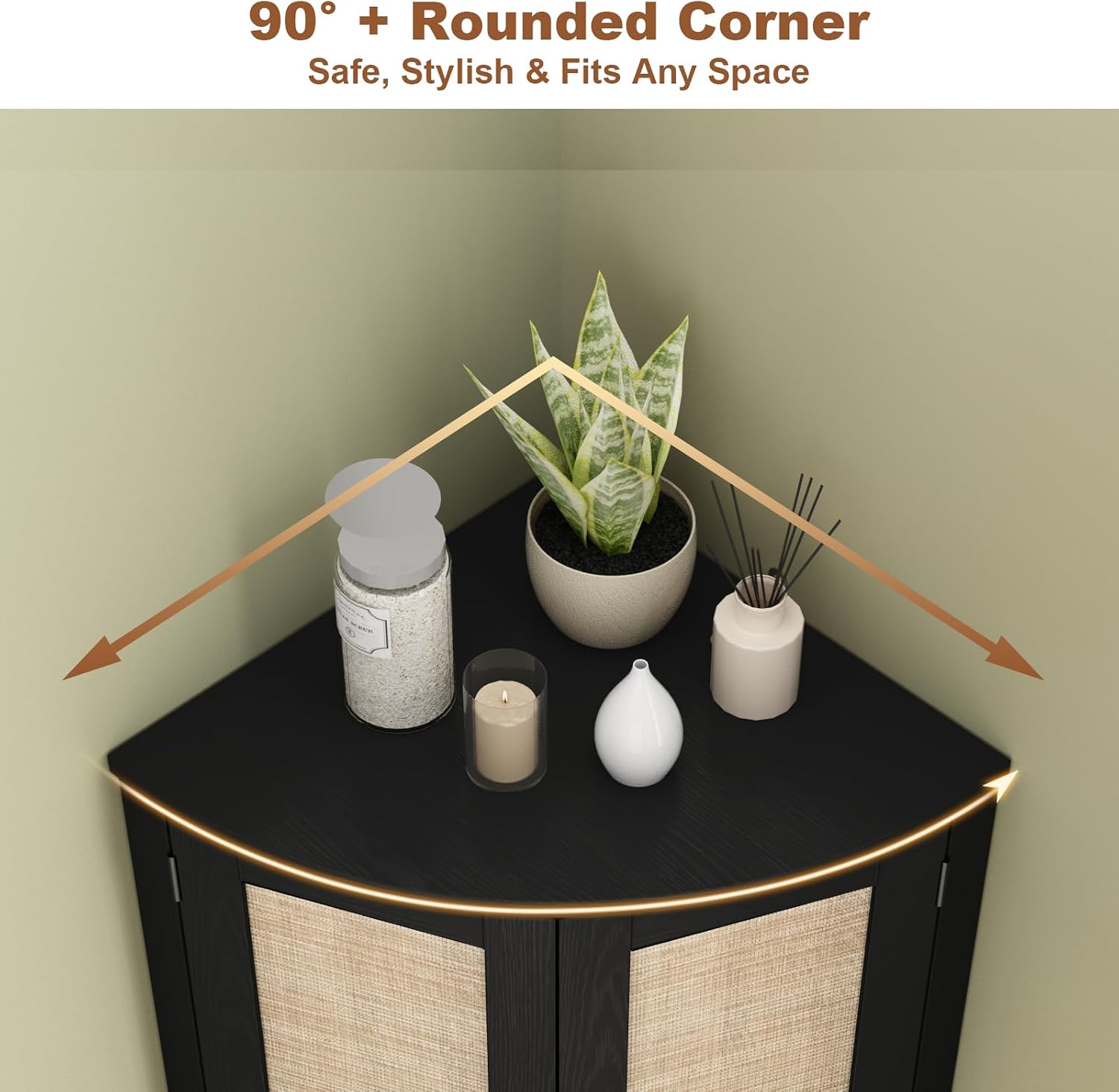 HOKYHOKY Tall Corner Cabinet, 64.7' Rattan Corner Storage Cabinet with 4 Doors and 5 Storage Shelves, Farmhouse Space Saver, Boho Shelf for Living Room, Kitchen, Bathroom, Office, Rustic Black