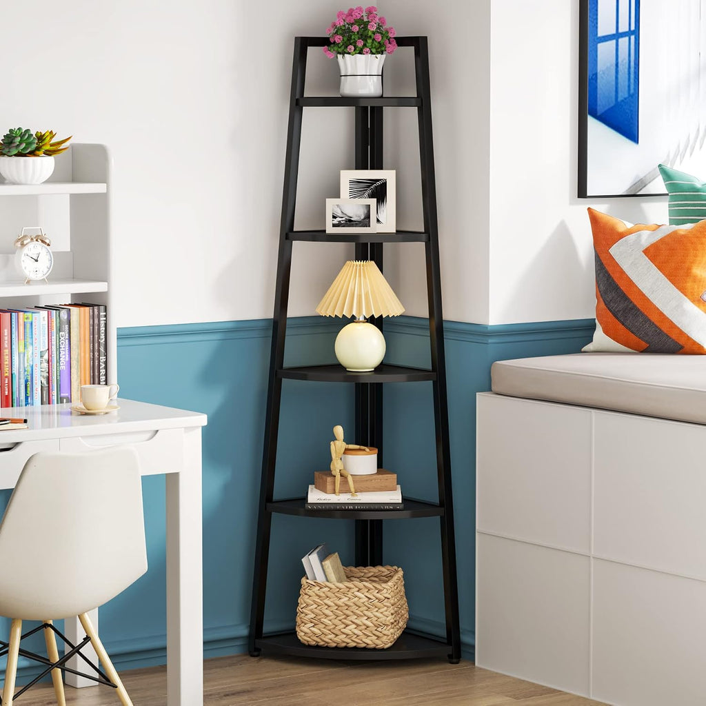 Tribesigns 5 Tier Corner Bookshelf and Bookcase, 70 inch Tall Corner Shelves Standing Shelving Unit Indoor Plant Stand for Living Room, Kitchen, Home Office (Black)
