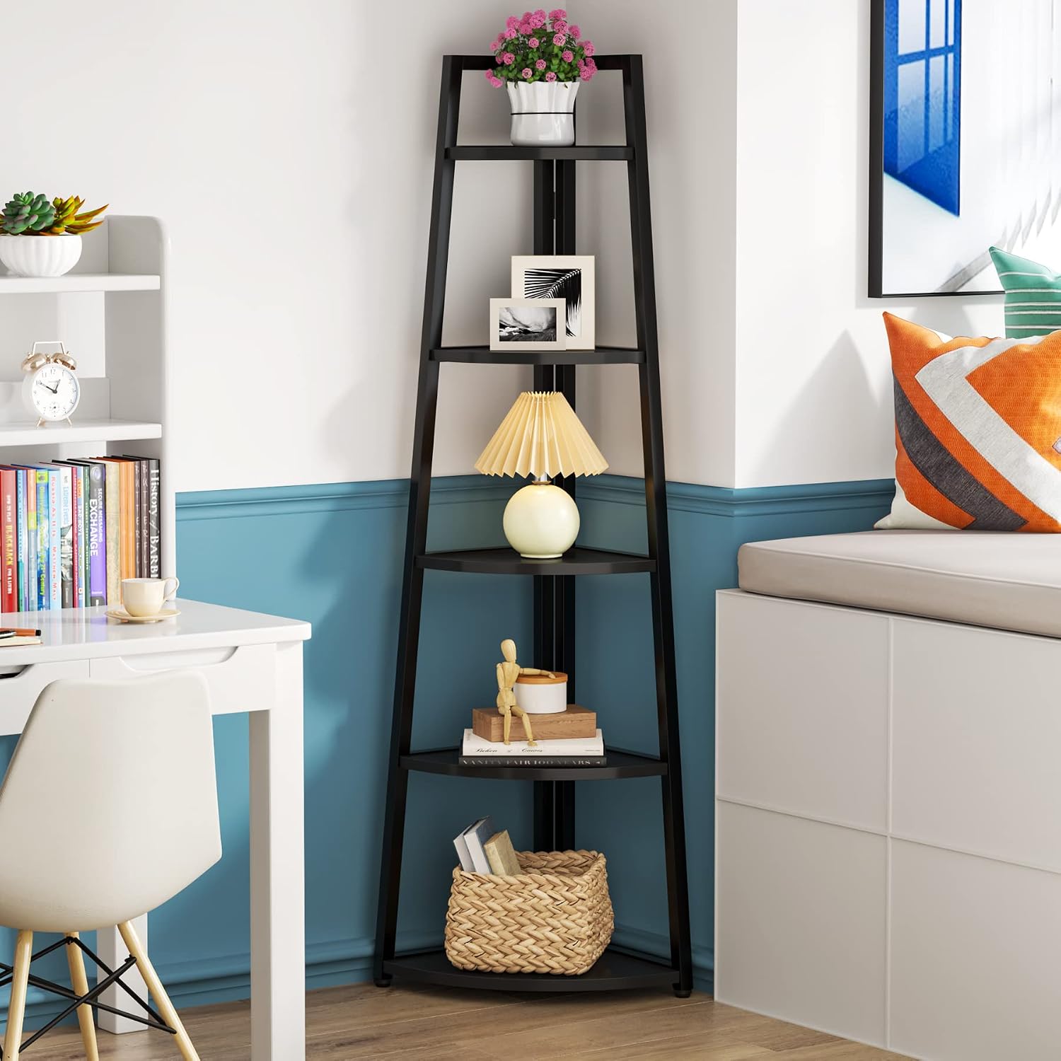 Tribesigns 5 Tier Corner Bookshelf and Bookcase, 70 inch Tall Corner Shelves Standing Shelving Unit Indoor Plant Stand for Living Room, Kitchen, Home Office (Black)