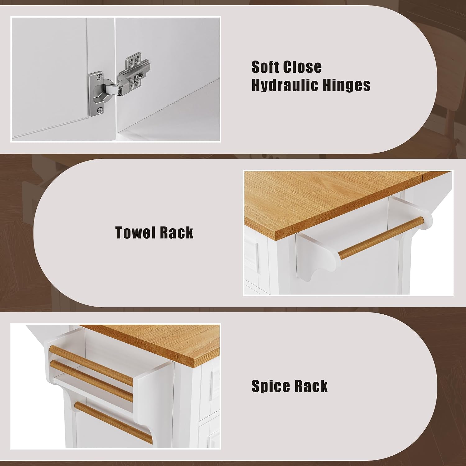 52' Kitchen Island Cart with Drop Leaf, Embossed Texture Kitchen Storage on Wheels with Spice Rack, Towel Rack, 5 Drawers, 2 Doors, Adjustable Shelf for Kitchen, Dining Room White
