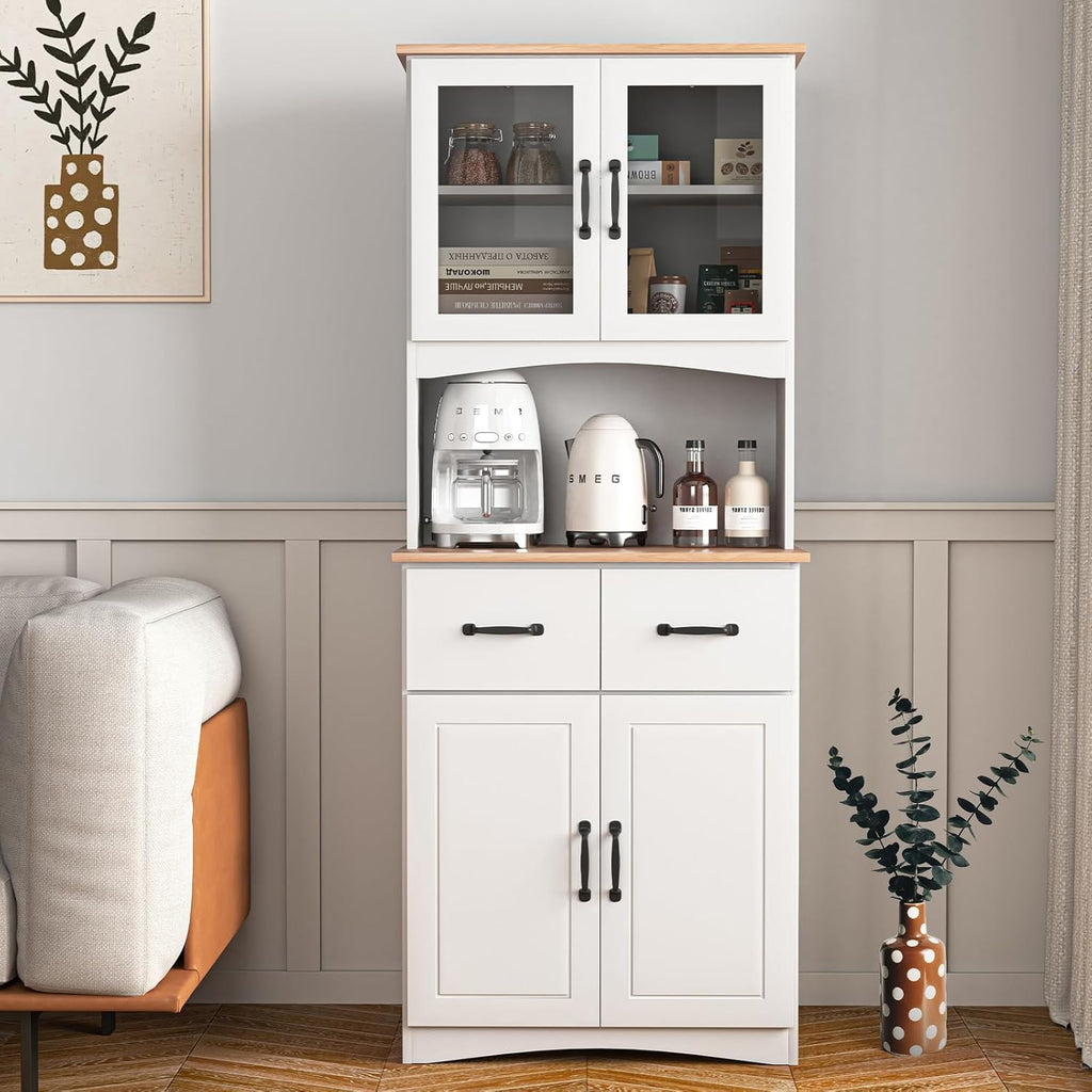 67' Kitchen Pantry Cabinet with Glass Doors & Drawers, Adjustable Shelves, Anti-Tip, Space-Saving Microwave Stand for Small Kitchens