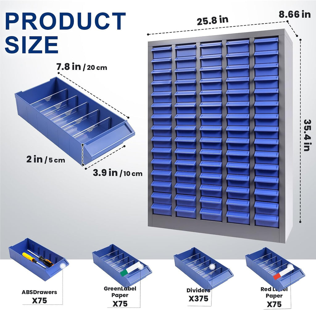 75 Drawer Small Parts Organizer Cabinet with ABS Drawers, Nuts and Bolts and Screw Organizer with Dividers, Hardware Storage with Label Slots, Metal Parts Cabinet for Garage Workshop
