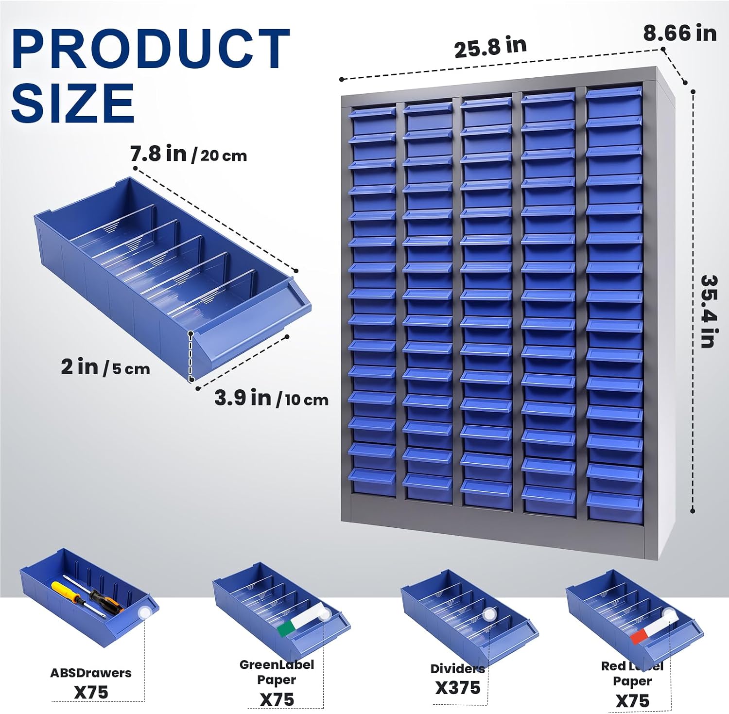 75 Drawer Small Parts Organizer Cabinet with ABS Drawers, Nuts and Bolts and Screw Organizer with Dividers, Hardware Storage with Label Slots, Metal Parts Cabinet for Garage Workshop