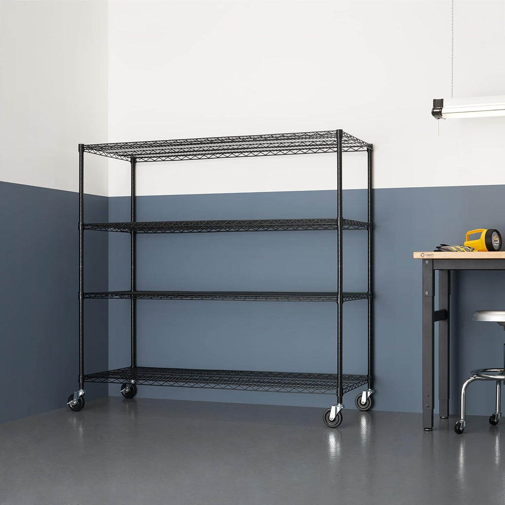 Trinity Basics 4-Tier Adjustable Wire Shelving with Wheels for Kitchen Organization, Garage Storage, Laundry Room, NSF Certified, 600 to 1800 Pound Capacity, 60' by 24' by 54', Black