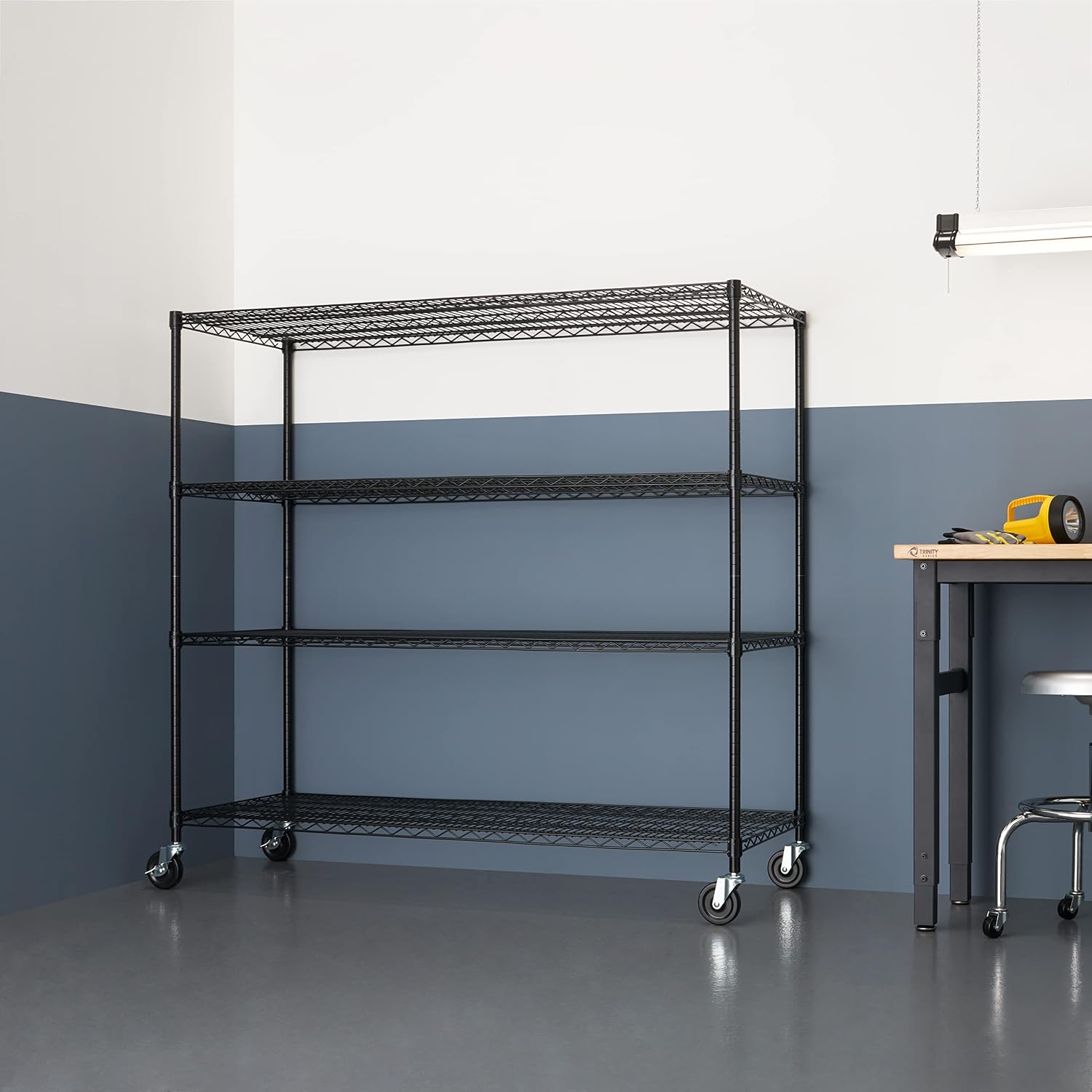 Trinity Basics 4-Tier Adjustable Wire Shelving with Wheels for Kitchen Organization, Garage Storage, Laundry Room, NSF Certified, 600 to 1800 Pound Capacity, 60' by 24' by 54', Black