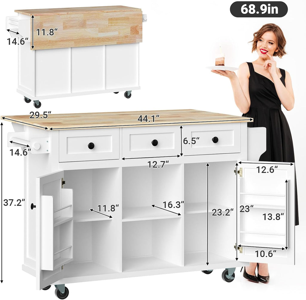 Rovibek Kitchen Island with Drawers 53 in Rolling Island Cart Mobile Portable Islands on Wheels Solid Wood Island with Storage Cabinet & Drawers, Bright White