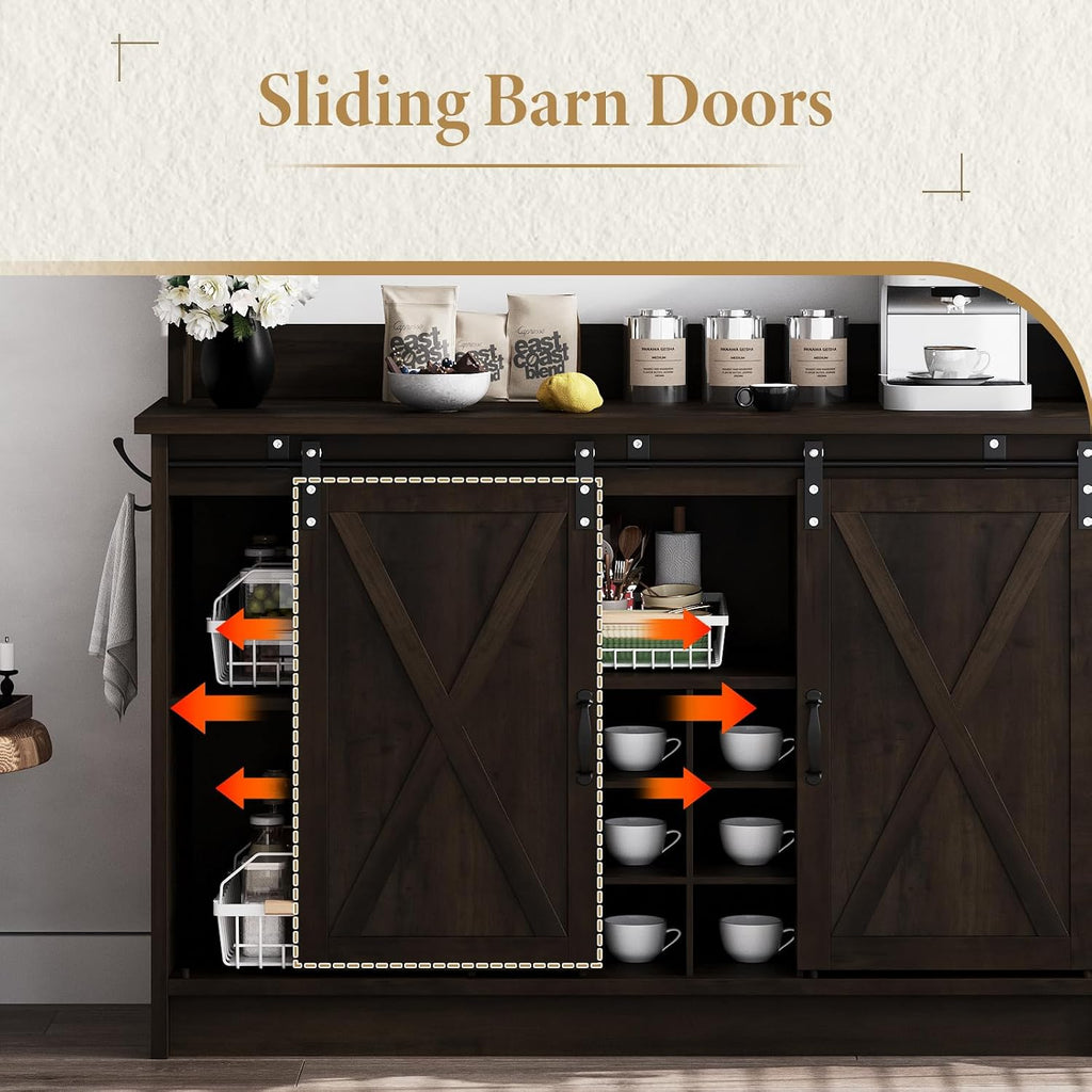 4ever2buy Farmhouse Coffee Bar Cabinet with Hutch and 6 Hooks, 47 Inch Wine Cabinet with Storage, Kitchen Buffet Cabinet with Adjustable Shelves &9 Wine Racks for Living Dining Room, Dark Oak