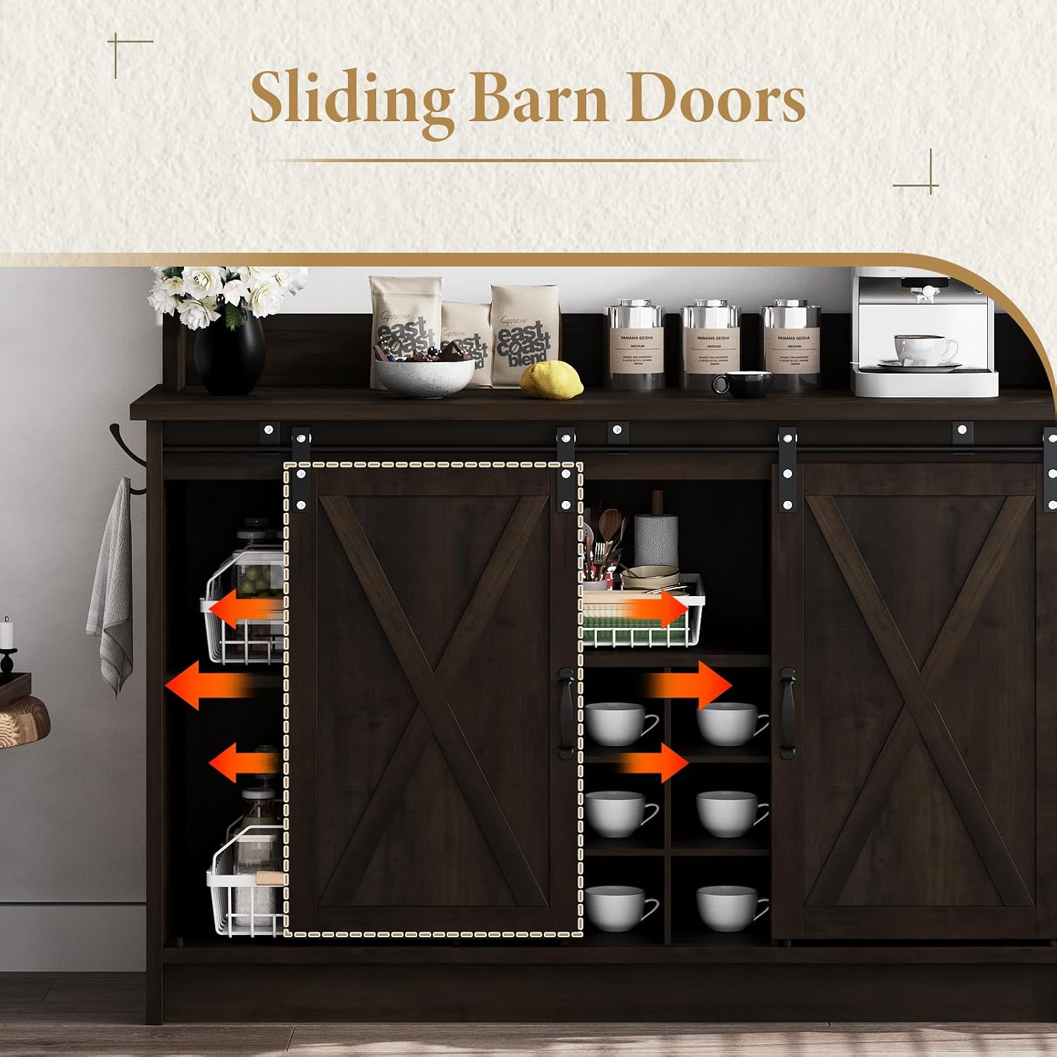 4ever2buy Farmhouse Coffee Bar Cabinet with Hutch and 6 Hooks, 47 Inch Wine Cabinet with Storage, Kitchen Buffet Cabinet with Adjustable Shelves &9 Wine Racks for Living Dining Room, Dark Oak