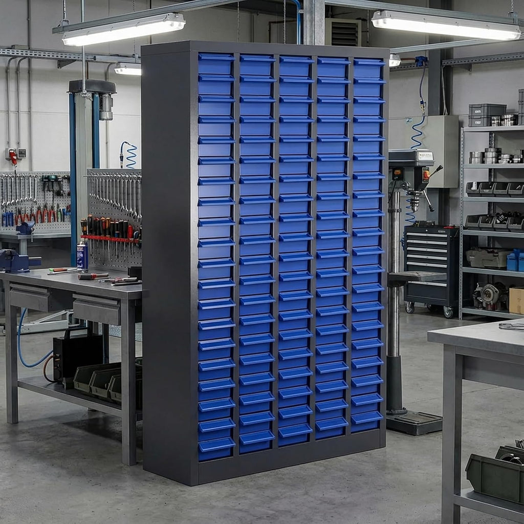 100 Drawers Parts Cabinet, Stainless Steel Nut and Bolt Storage Cabinet, 46' H x 26' D x 9' W Small Parts Organizer with Labels and Shelves for Garages Basements Warehouse(100 Drawers)