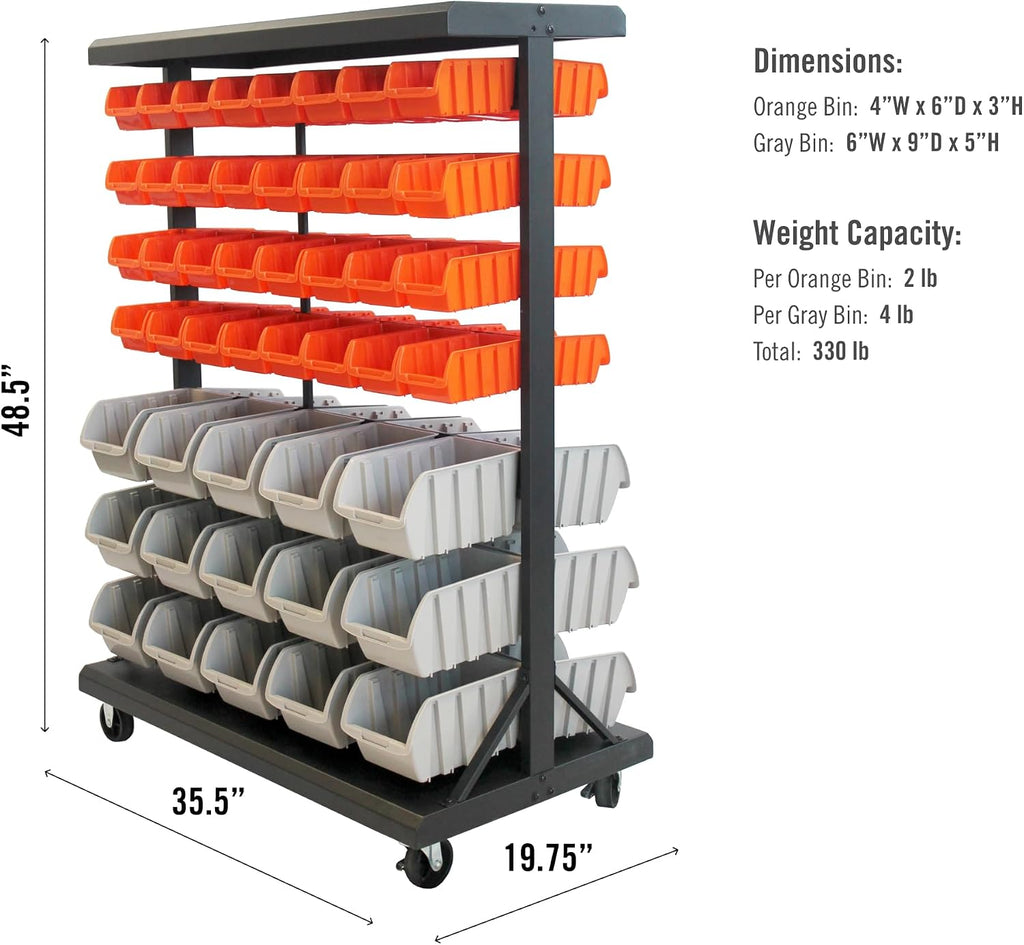 TRINITY Rolling Storage Bin Rack & Parts Organizer, 7-Tier Dual-Sided Bin Cart Shelving for Shop Storage, Nut and Bolt Organizer, Garage, Warehouse, Tools & Hardware, 330Lb Max, With Wheels, Black