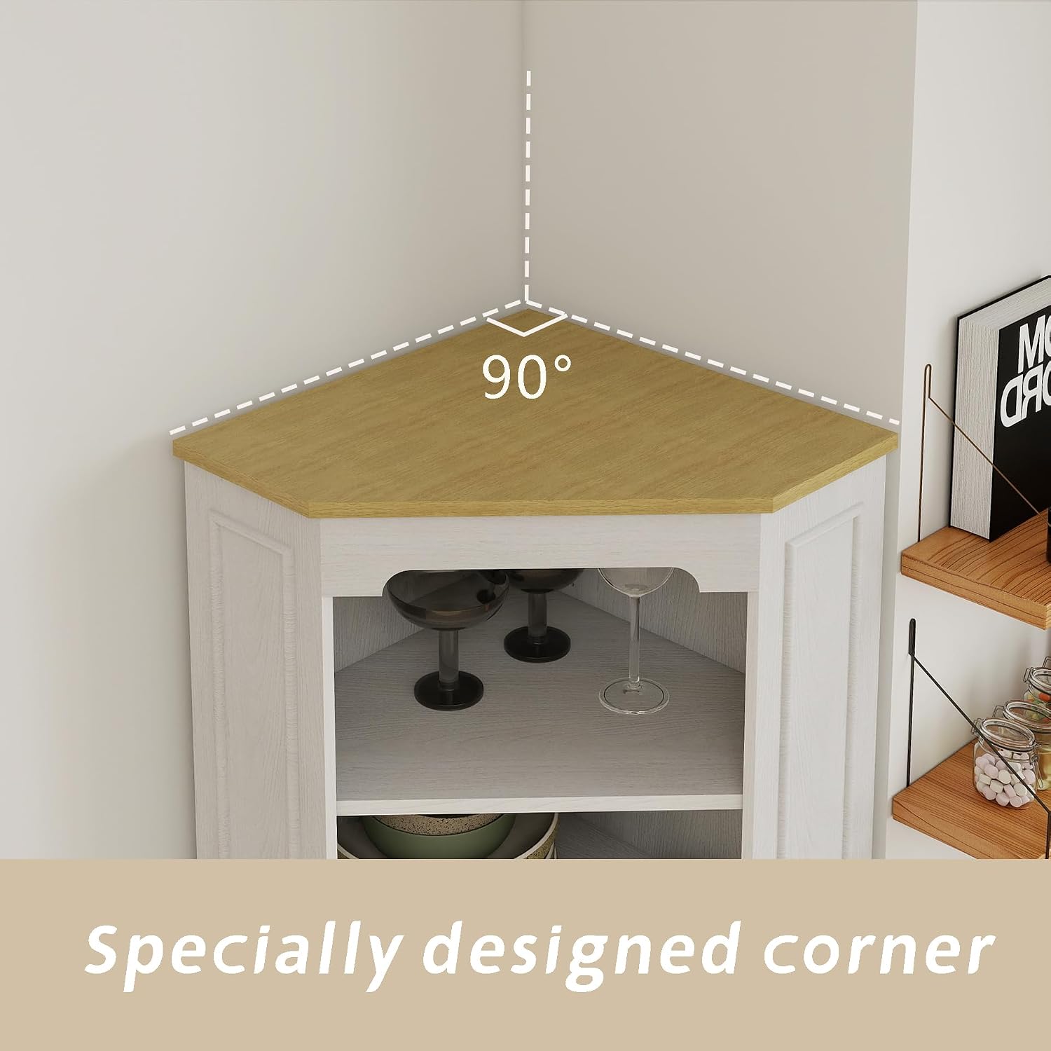 RASOO 68.11' Farmhouse Corner Cabinet, Tall Five-Sided Pentagonal for Kitchen，3-Tiers Open Shelf and one Drawer and Door Corner Storage Hutch Cabinet for Living Room, Bathroom and Dining Room
