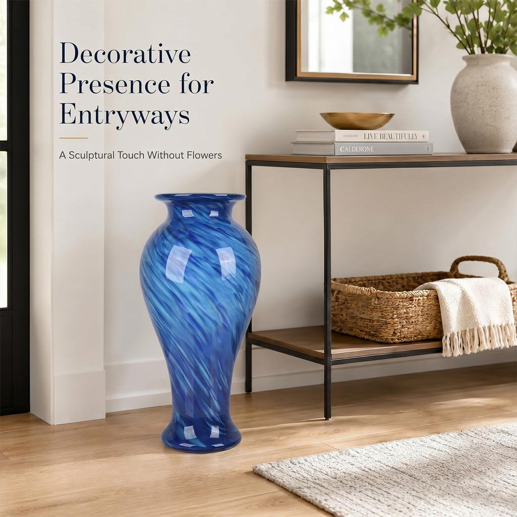 20' Tall Blue Glass Vase Hand Blown Large Floor Glass Vase Home Decor, Pretty Modern Dark Blue Flowers Vases, Jarrones Grandes para Sala Elegantes, Large Vases for Living Room Wedding Decor