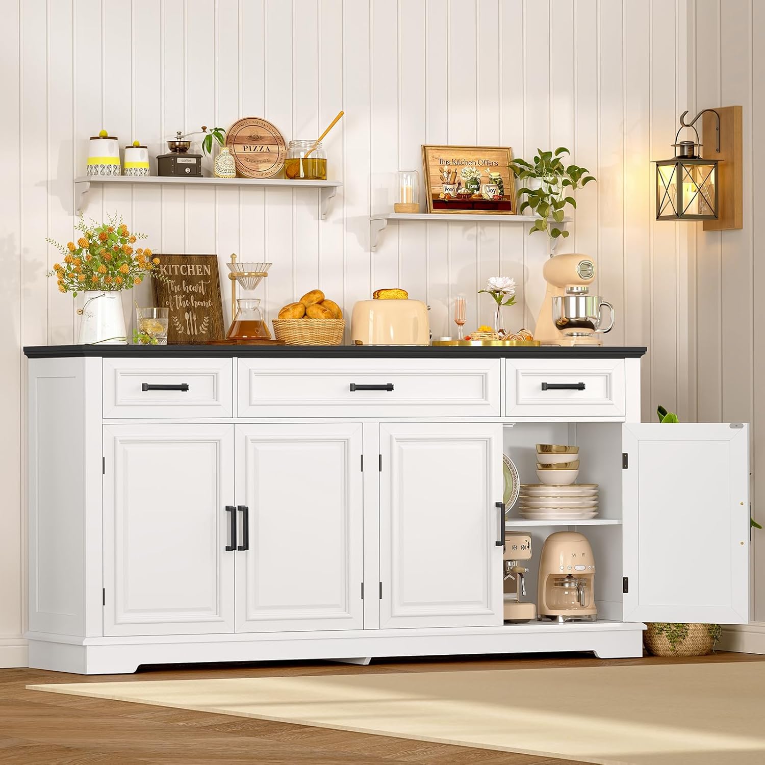 usikey 59' Large Buffet Cabinet with 4 Doors and 3 Drawers, Buffet Sideboard Cabinet with Storage and 2 Adjustable Shelves, Coffee Bar, Wine Bar for Living Room, White